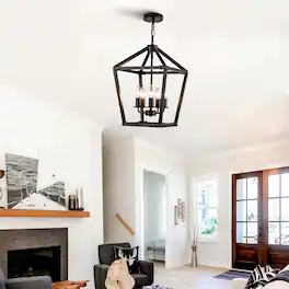 Loheer - 5 Light Farmhouse Lantern Chandelier, Matte Black Open Cage for Dining Room