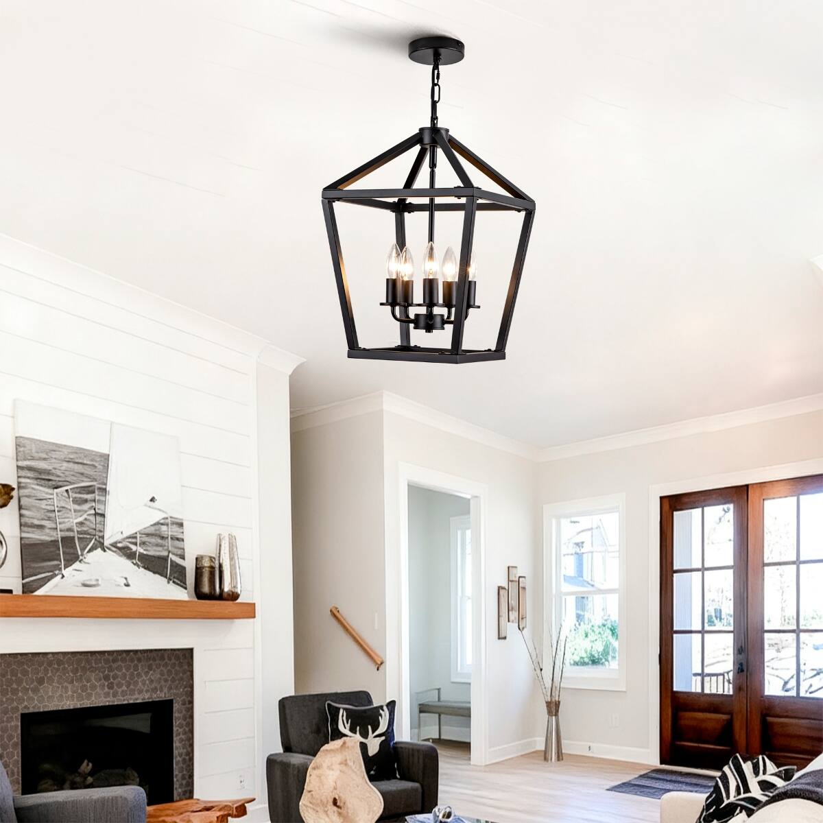 Front. Loheer - Loheer 5 Light Farmhouse Lantern Chandelier, Matte Black Open Cage for Dining Room.