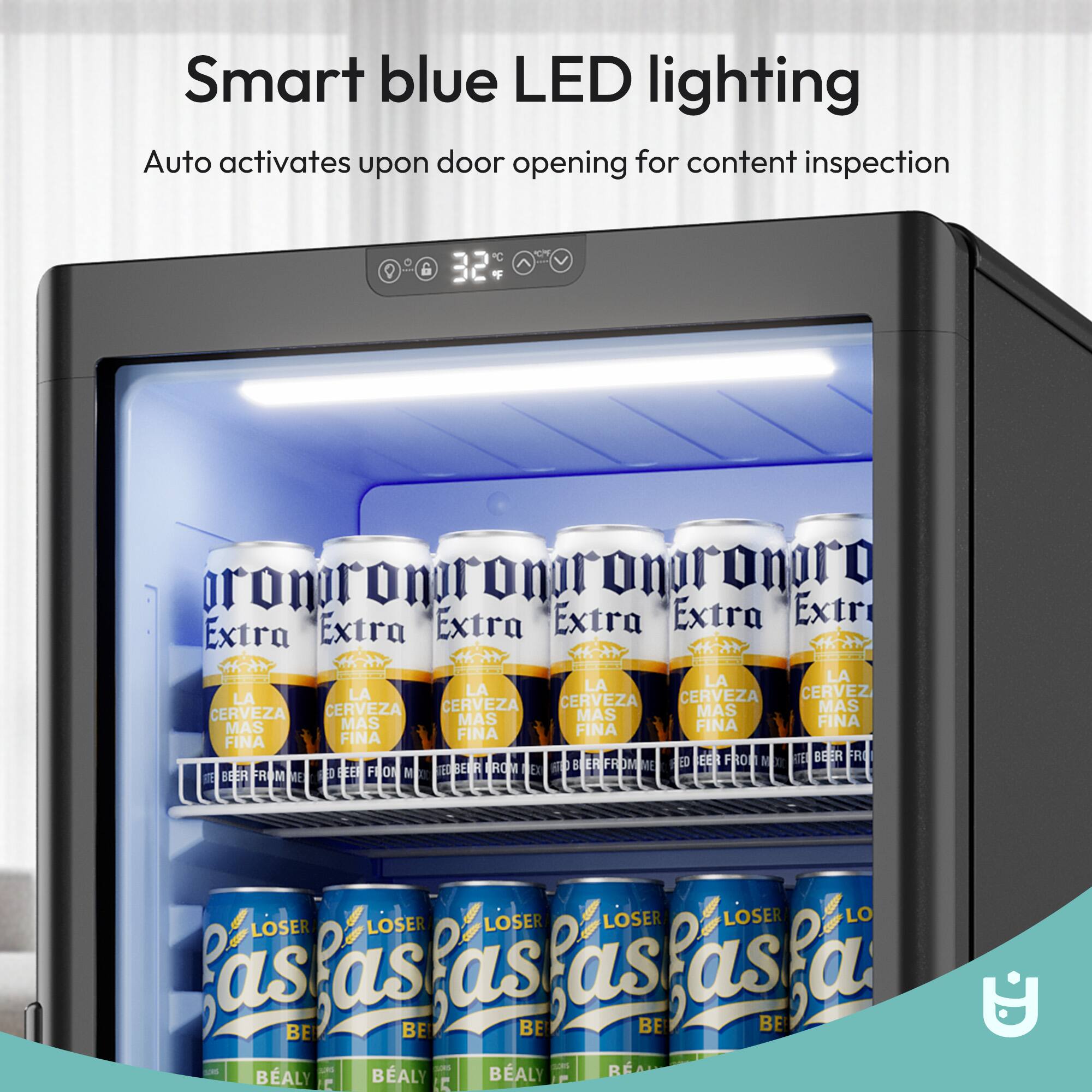 Smart blue LED lighting  
Auto activates upon door opening for content inspection  

32°C  

prono  
Extra  
LA CERVEZA MAS FINA  

LOSER  
as  
BEER FROM ME  

BEALY