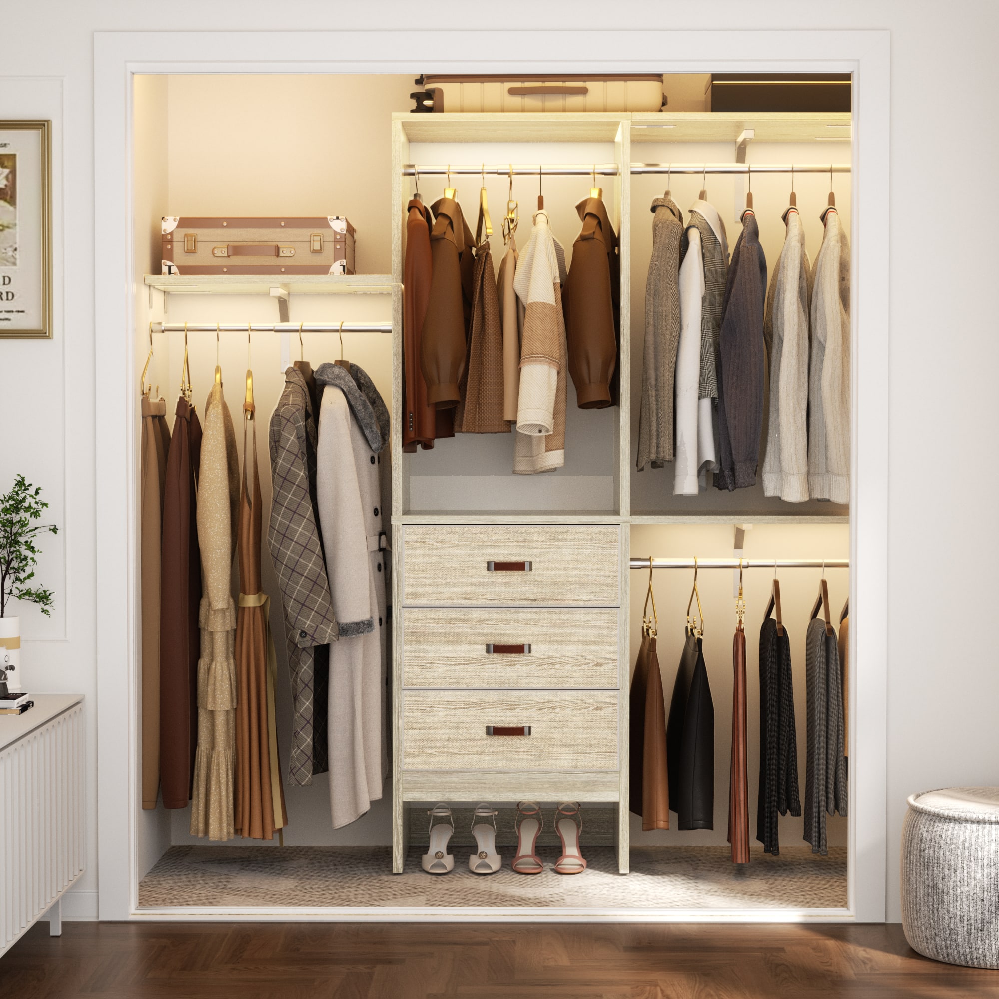 "Aheaplus - 60"" Walk-in Closet Organizer: 3 Fabric Drawers, 3 Adjustable Shelves, Heavy Duty Garment Rack - 59""L x 16""W x 71""H - White Oak" price history on PriceWatchPro