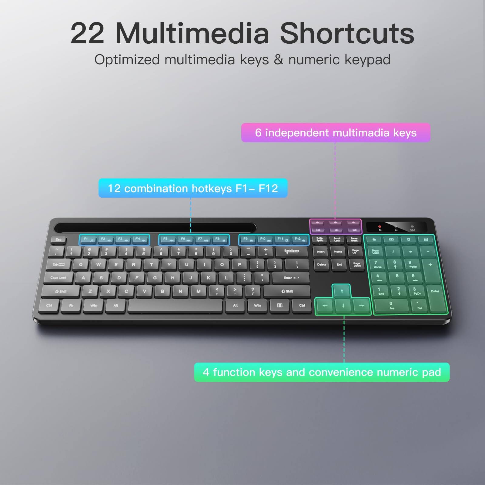 22 Multimedia Shortcuts  
Optimized multimedia keys & numeric keypad  

6 independent multimedia keys  

12 combination hotkeys F1-F12  

4 function keys and convenience numeric pad