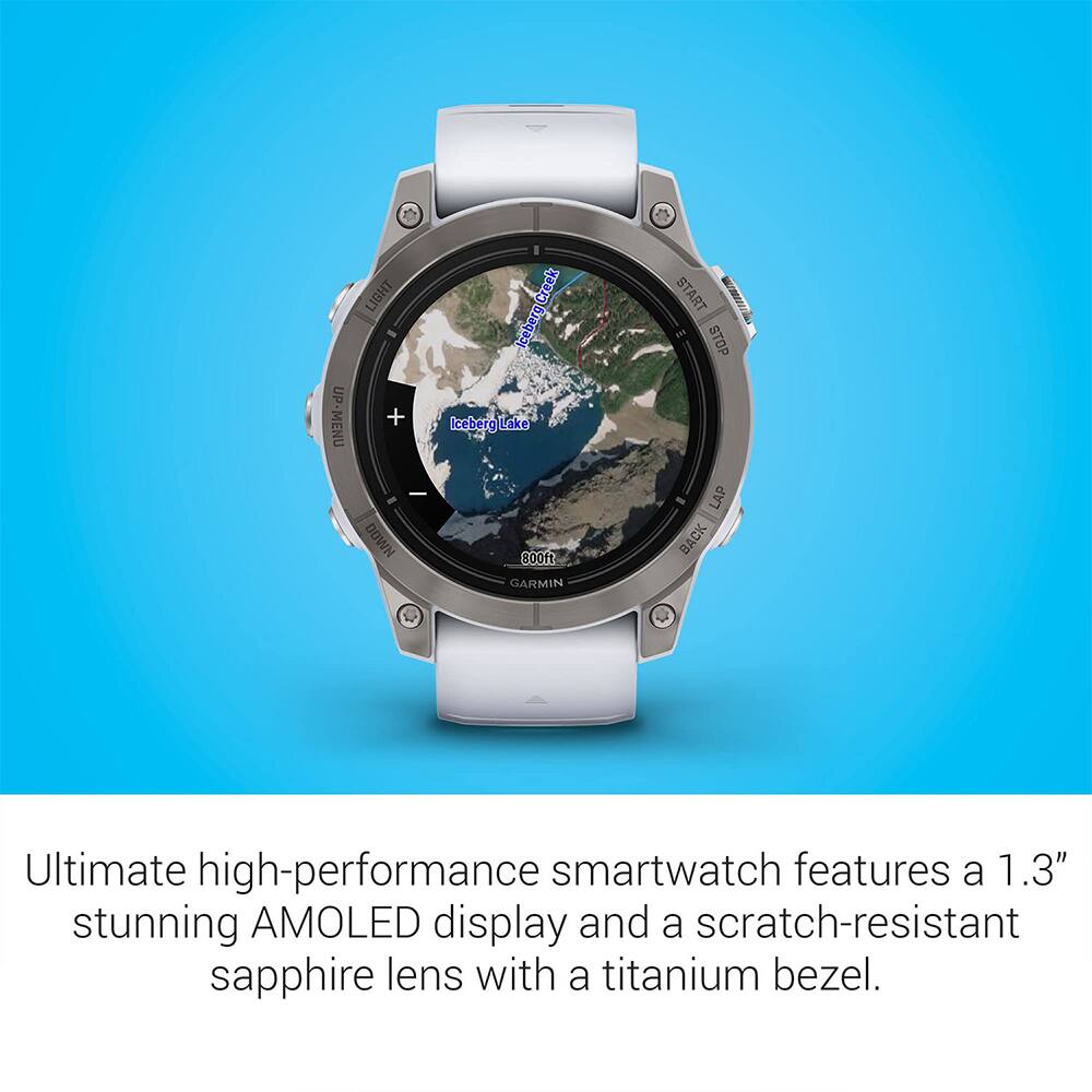 UP-MENU LIGHT + DOWN Creek uqaat Iceberg Lake c0of

GARMIN START STOP LAP BACK

Ultimate high-performance smartwatch features a 1.3" stunning AMOLED display and a scratch-resistant sapphire lens with a titanium bezel.