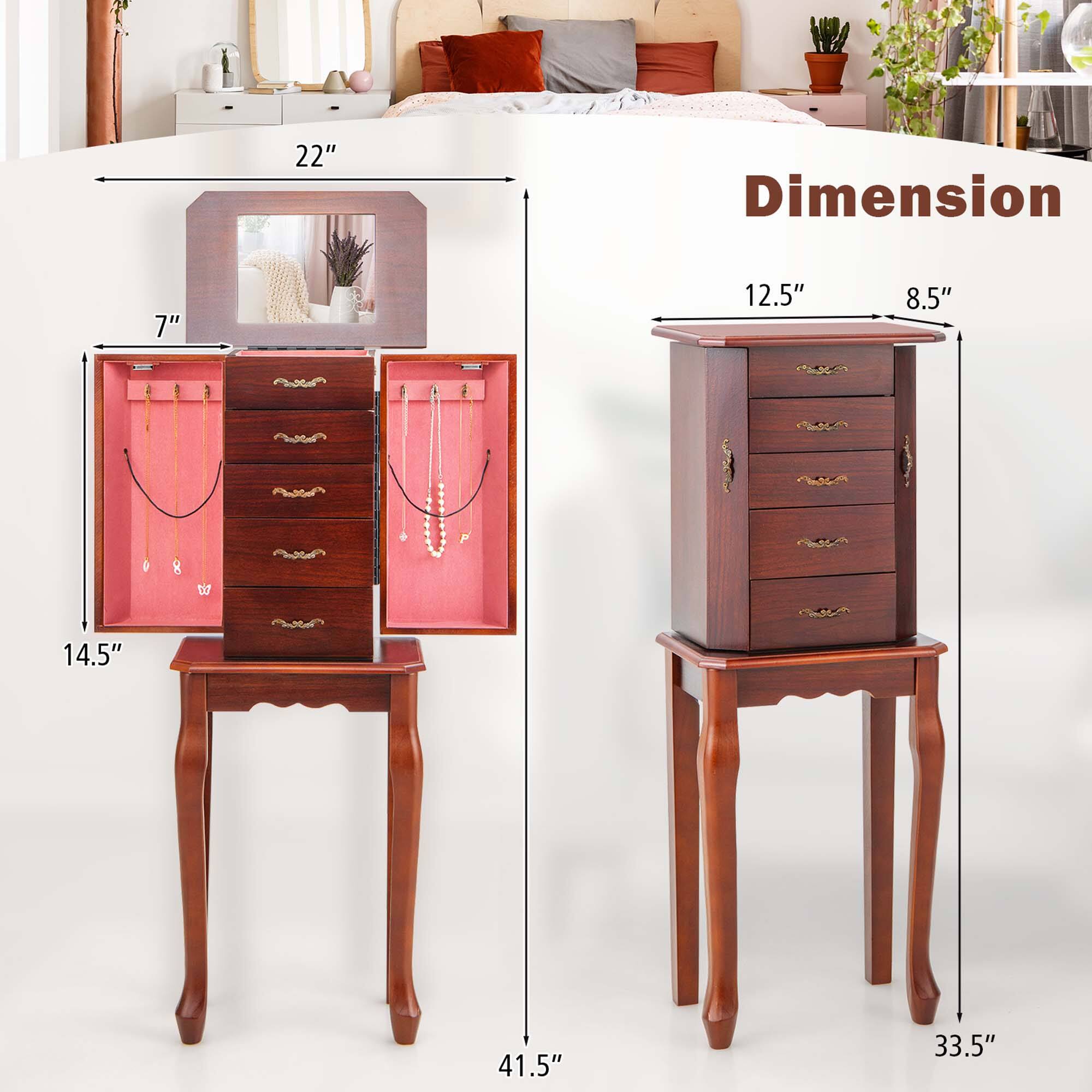 The text on the image reads "Dimension 22" 7" 12.5" 8.5" to 14.5" 41.5" 33.5". The dimensions are provided for the dresser and the mirror.