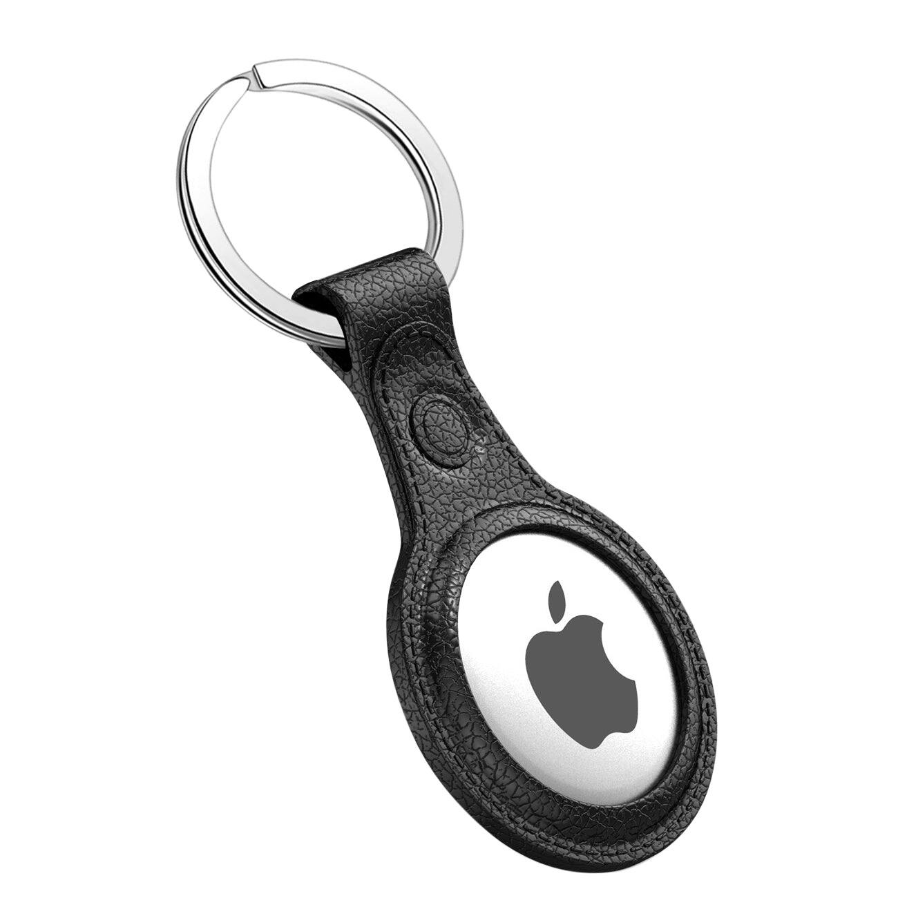 Front. Reiko - Leather Texture Silicone Case For Apple Airtag In Black - Black.