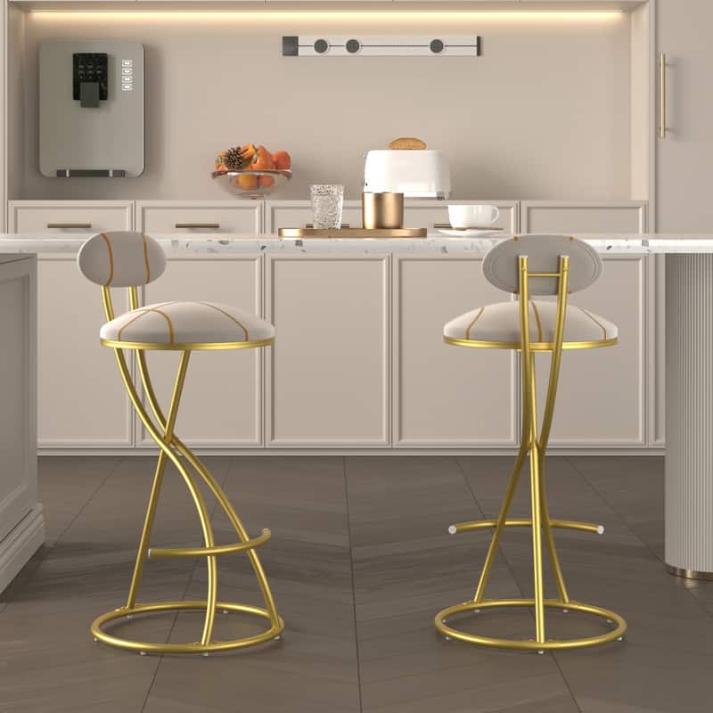 HTUTWOO - Upholstered Bar Stools Set of 2, Striped Velvet Counter Height Barstools, for Kitchen Island & Living Room - Gold