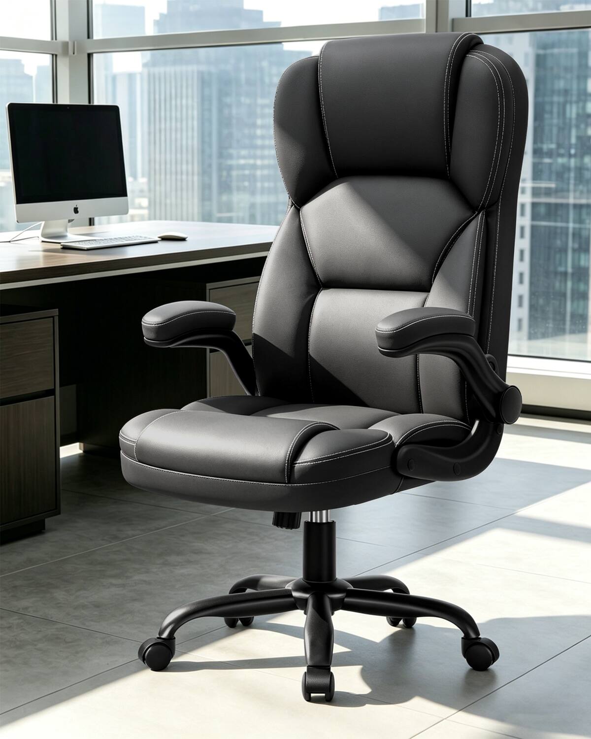 Alt View 1. Brick Attic - Leather Office Chair with Flip Up Arms, 360° Swivel Ergonomic Desk Chair with Wheels, Adjustable Height Computer Chair - Black.