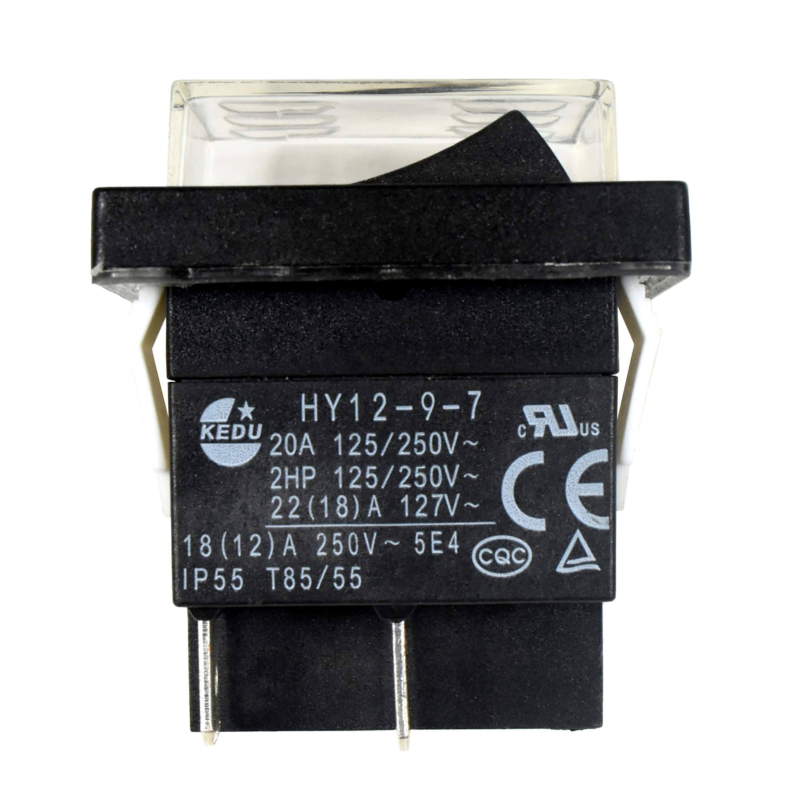 HY12-9-7  
LR KEDU  
20A 125/250V~  
2HP 125/250V~  
22 (18) A 127V~  
18 (12) A 250V~  
CE  
5E4  
CQC  
IP55  
T85/55