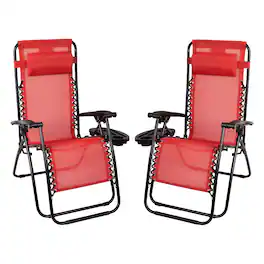 Emma + Oliver - 2 Pack Adjustable Mesh Zero Gravity Lounge Chair with Cup Holder Tray - Red