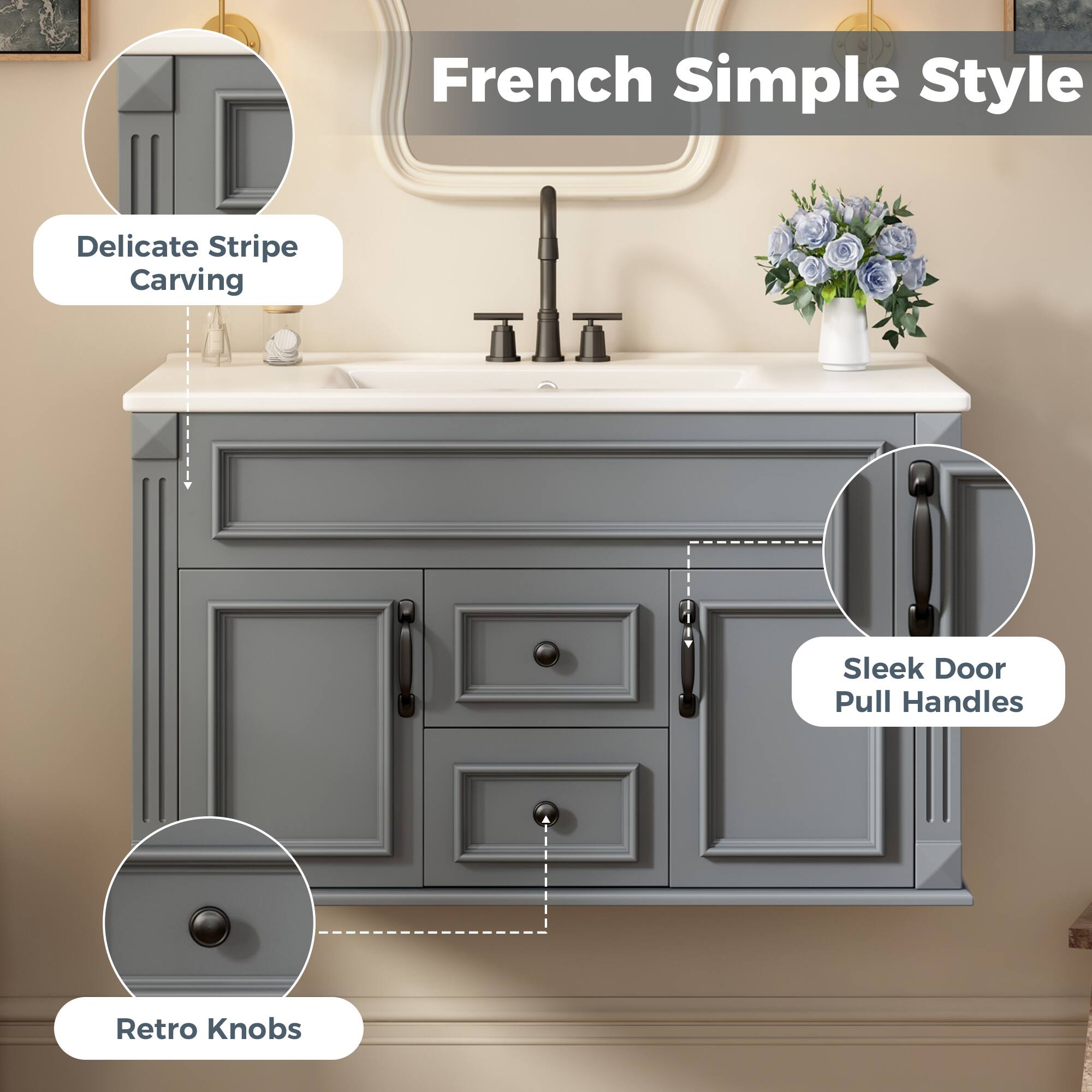 French Simple Style Delicate Stripe Carving Sleek Door Pull Handles Retro Knobs