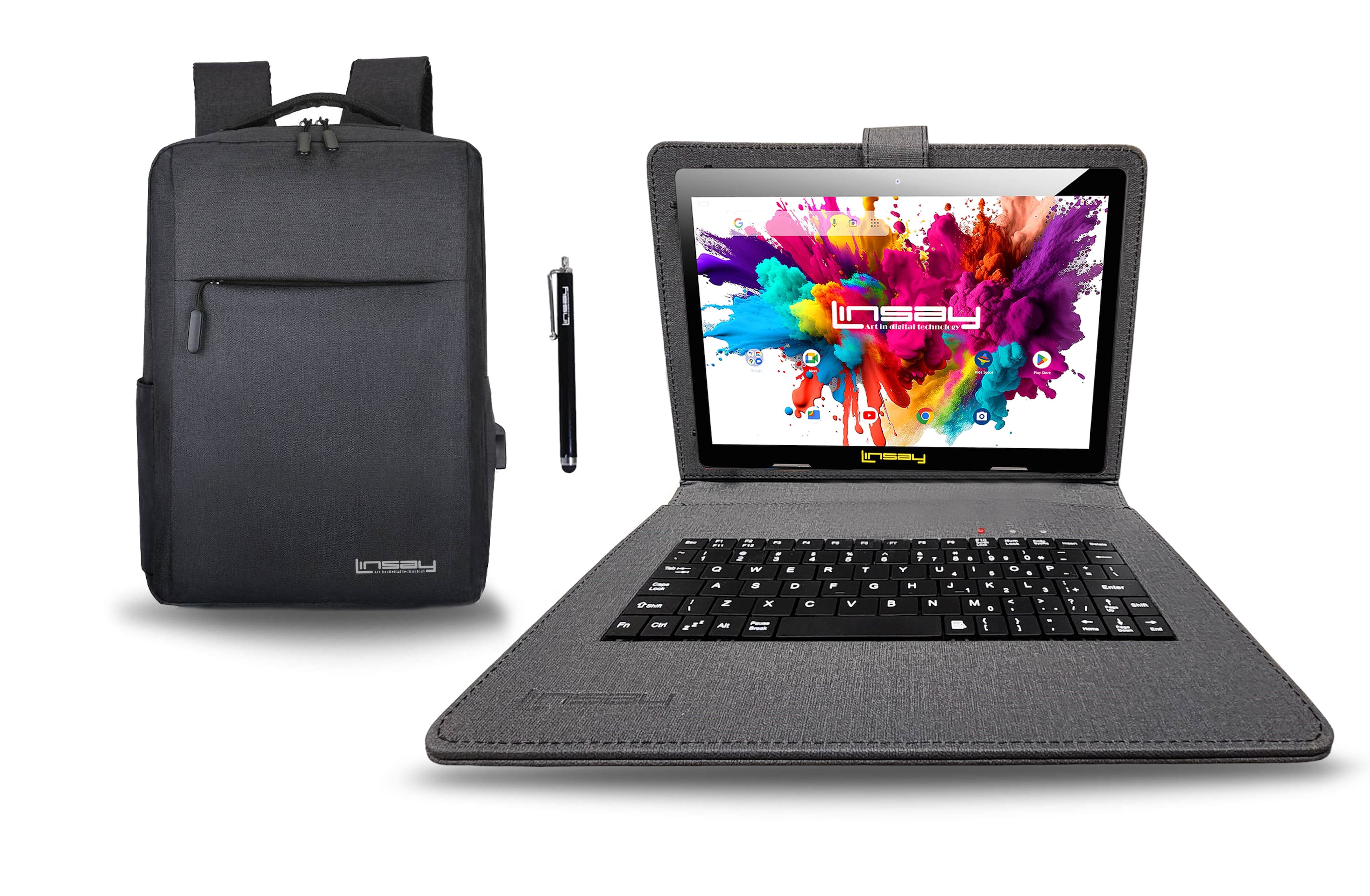 LINSAY - 10.1" Octa Core 128GB Storage Android 15 with Designer Cloth Keyboard Case and Stylish Backpack and Pen Stylus - Black