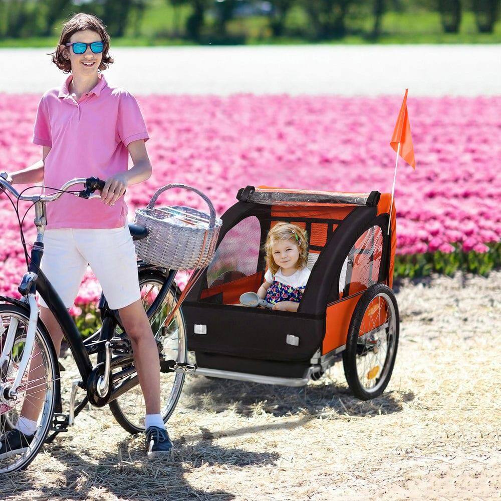 Front. Resenkos - 2-Seat Kid Bike Trailer, Sturdy Steel Frame, 5-Point Safety Harnesses and Cozy Seat, Black.