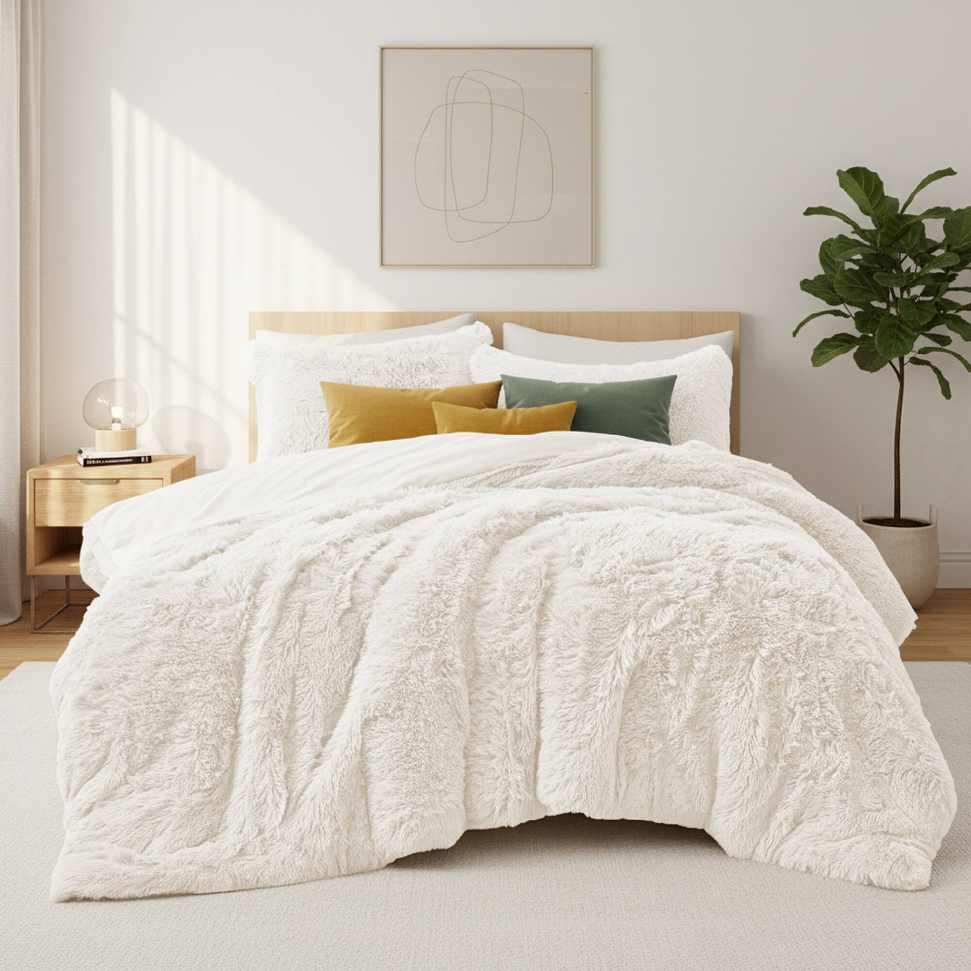 Angle. Peace Nest - Peace Nest Shaggy Plush Comforter Set Faux Fur with Velvety Reversible Backing, Cream, Queen - Cream.