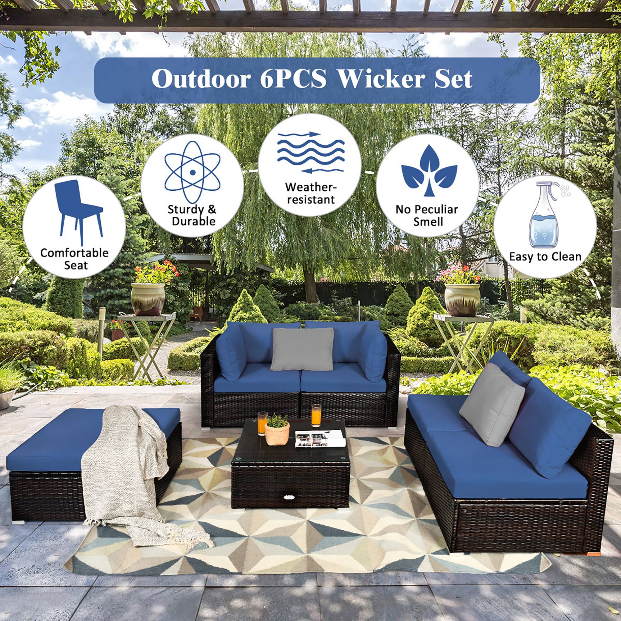 Outdoor 6PCS Wicker Set  
Sturdy & Durable  
Weather-resistant  
No Peculiar Smell  
Comfortable Seat  
Easy to Clean