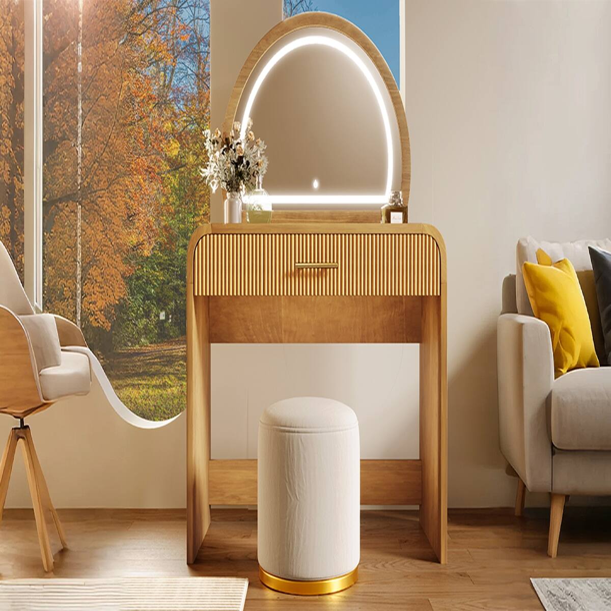 Alt View 6. Loheer - Loheer 39 Inch Makeup Vanity Table with Lighted Touch Screen Mirror, Drawer, Natural Rubberwood - Natural.