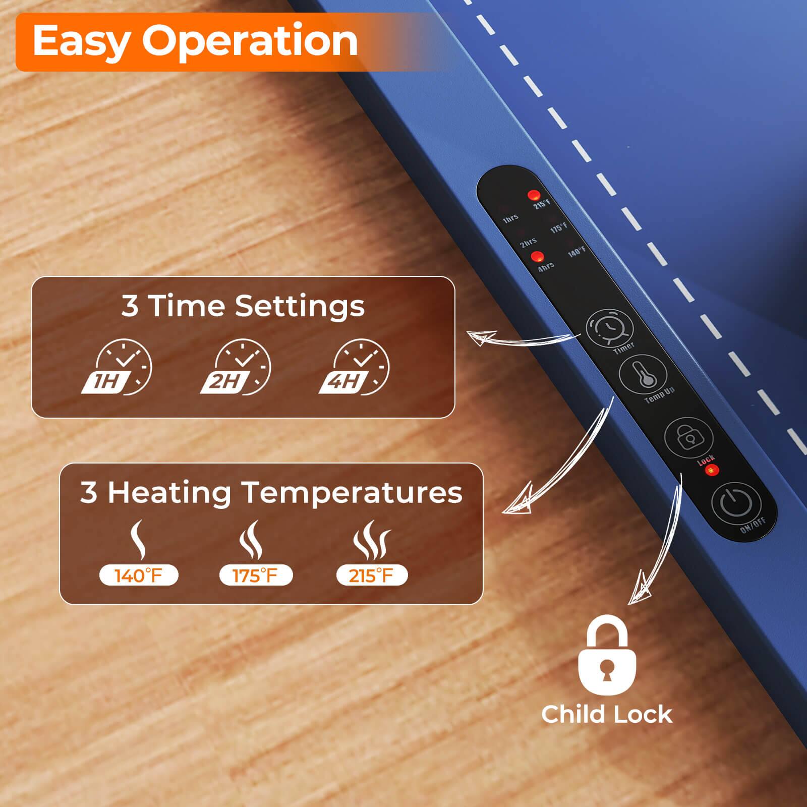 Easy Operation

3 Time Settings
1H 2H 4H

3 Heating Temperatures
140°F 175°F 215°F

Child Lock