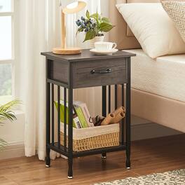 Vecelo - Industrial Nightstand - Bedside Table with Drawer, Compact End Table with Adjustable Feet, Metal Frame Nightstand - Gray