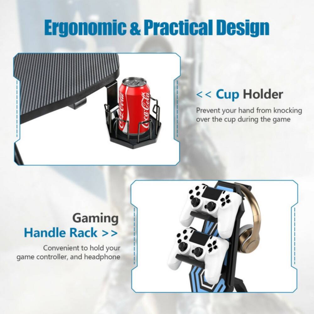 Ergonomic & Practical Design

<< Cup Holder
Prevent your hand from knocking over the cup during the game

Gaming Handle Rack >>
Convenient to hold your game controller, and headphone