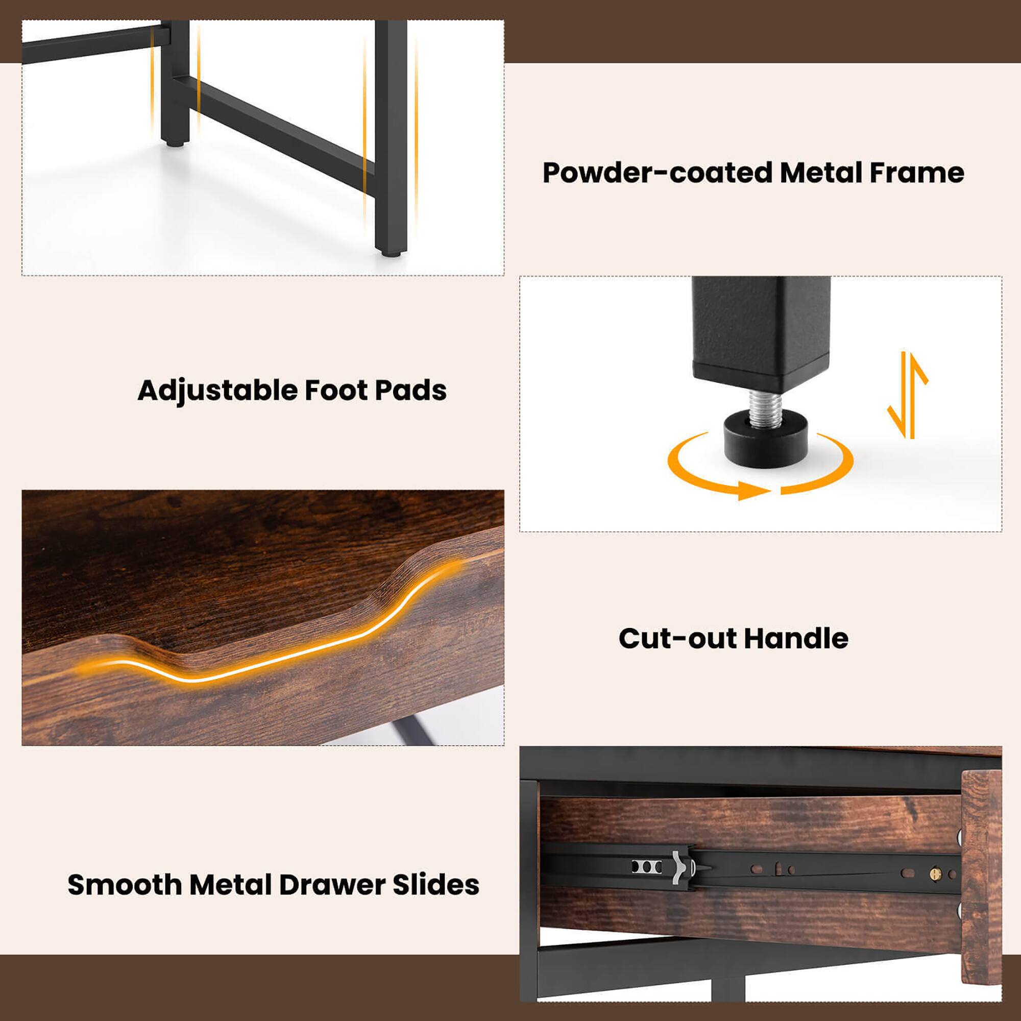 Powder-coated Metal Frame, Adjustable Foot Pads, Cut-out Handle, Smooth Metal Drawer Slides