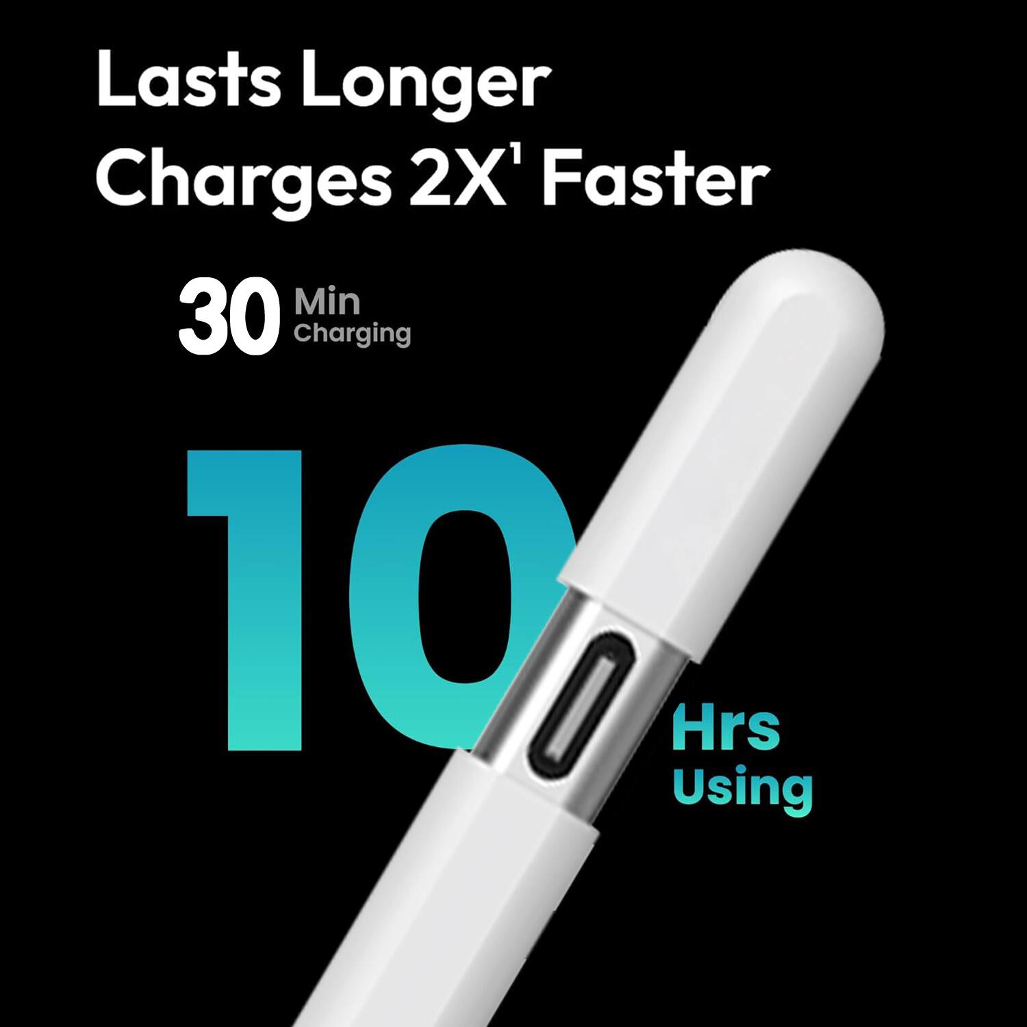 Lasts Longer  
Charges 2X Faster  
30 Min Charging  
10 Hrs Using