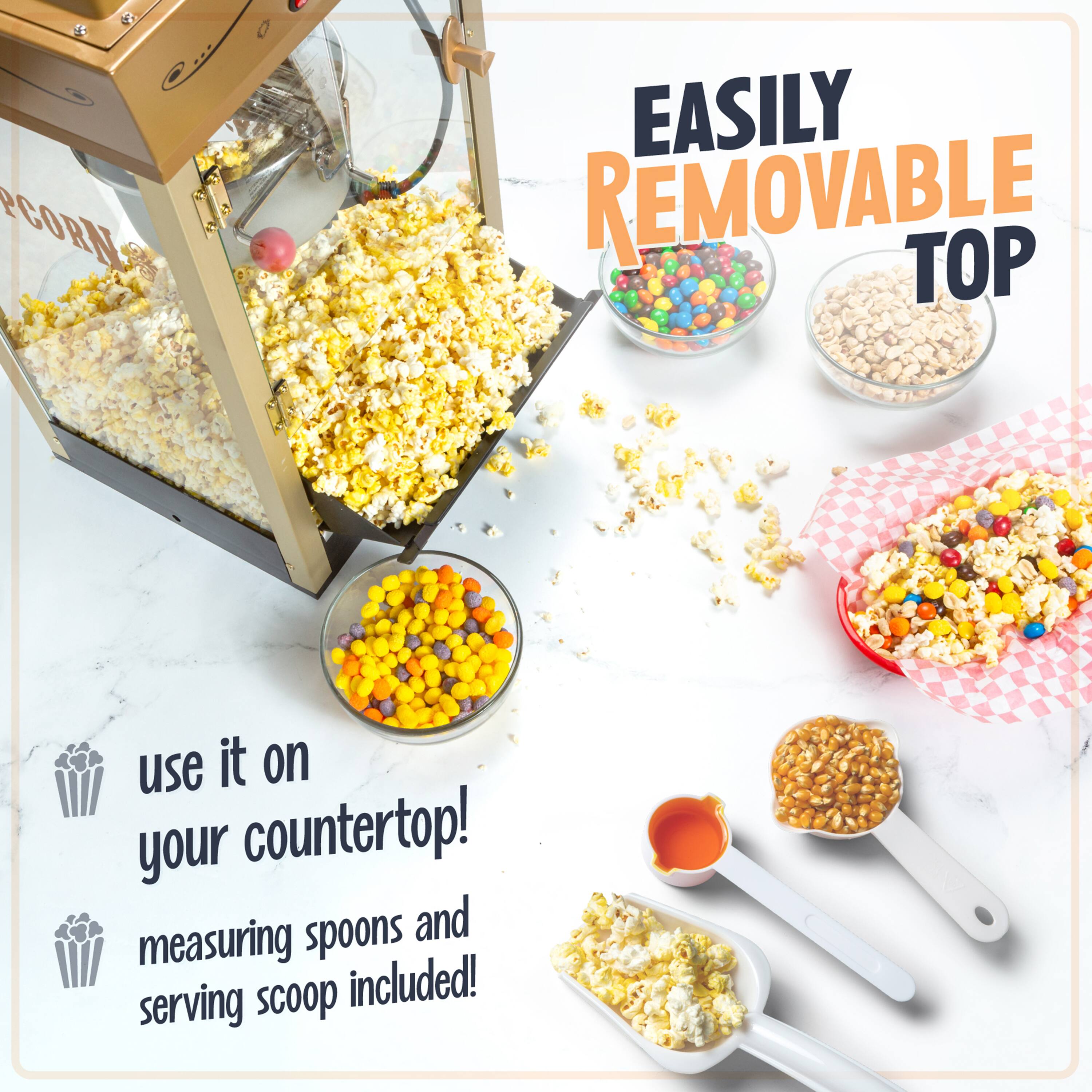 EASILY REMOVABLE TOP

use it on your countertop!

measuring spoons and serving scoop included!