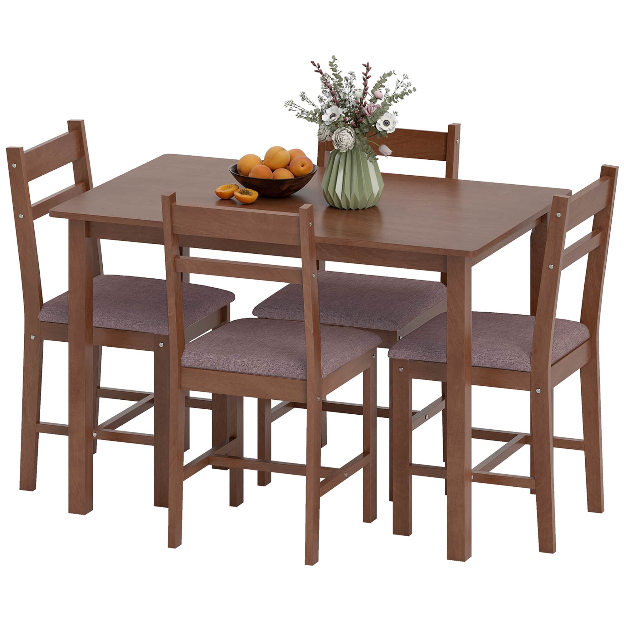 Homcom - Solid Wood Dining Table Set for 4, Farmhouse Kitchen Table with Upholstered Chairs for Dining Room - Light Brown, Brown