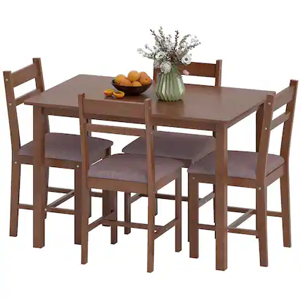 Front. Homcom - Solid Wood Dining Table Set for 4, Farmhouse Kitchen Table with Upholstered Chairs for Dining Room - Light Brown, Brown.