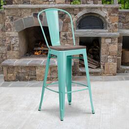 Emma + Oliver - 30"H Metal Dining Barstool with Back and Wood Seat - Mint Green