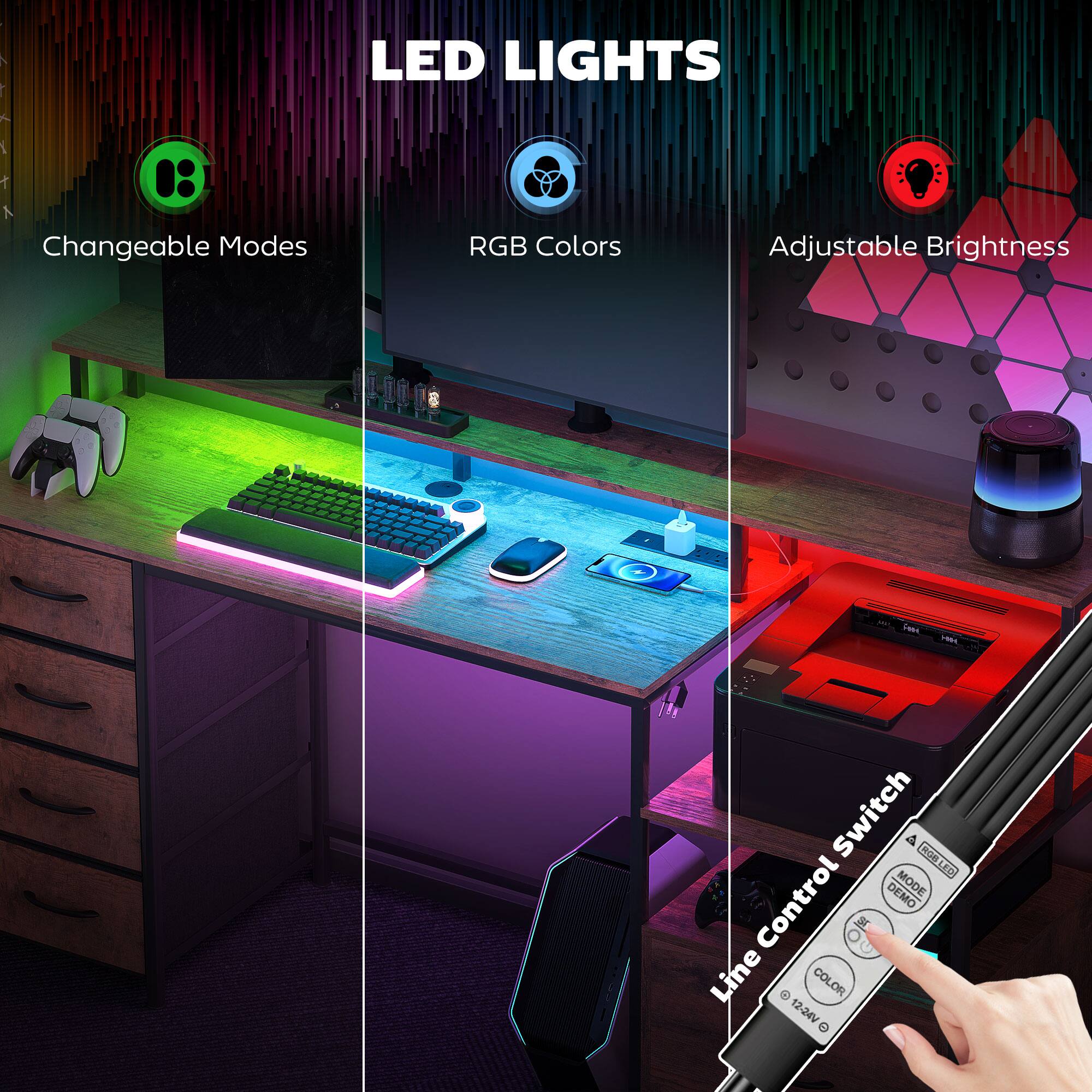 LED LIGHTS
Changeable Modes
RGB Colors
Adjustable Brightness
Line Control Switch
A MOB LED BE LED DEMO MODE
COLOR 12-24V