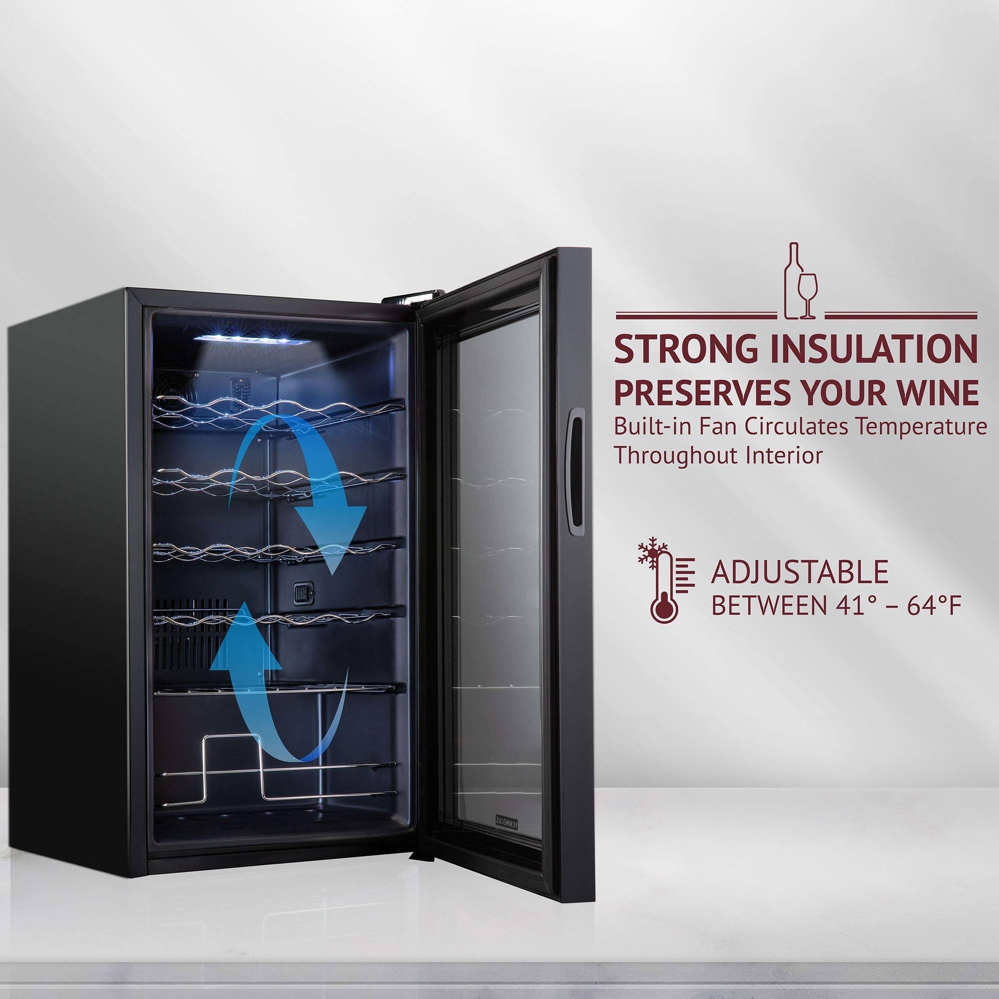 STRONG INSULATION PRESERVES YOUR WINE  
Built-in Fan Circulates Temperature Throughout Interior  

ADJUSTABLE BETWEEN 41° - 64°F