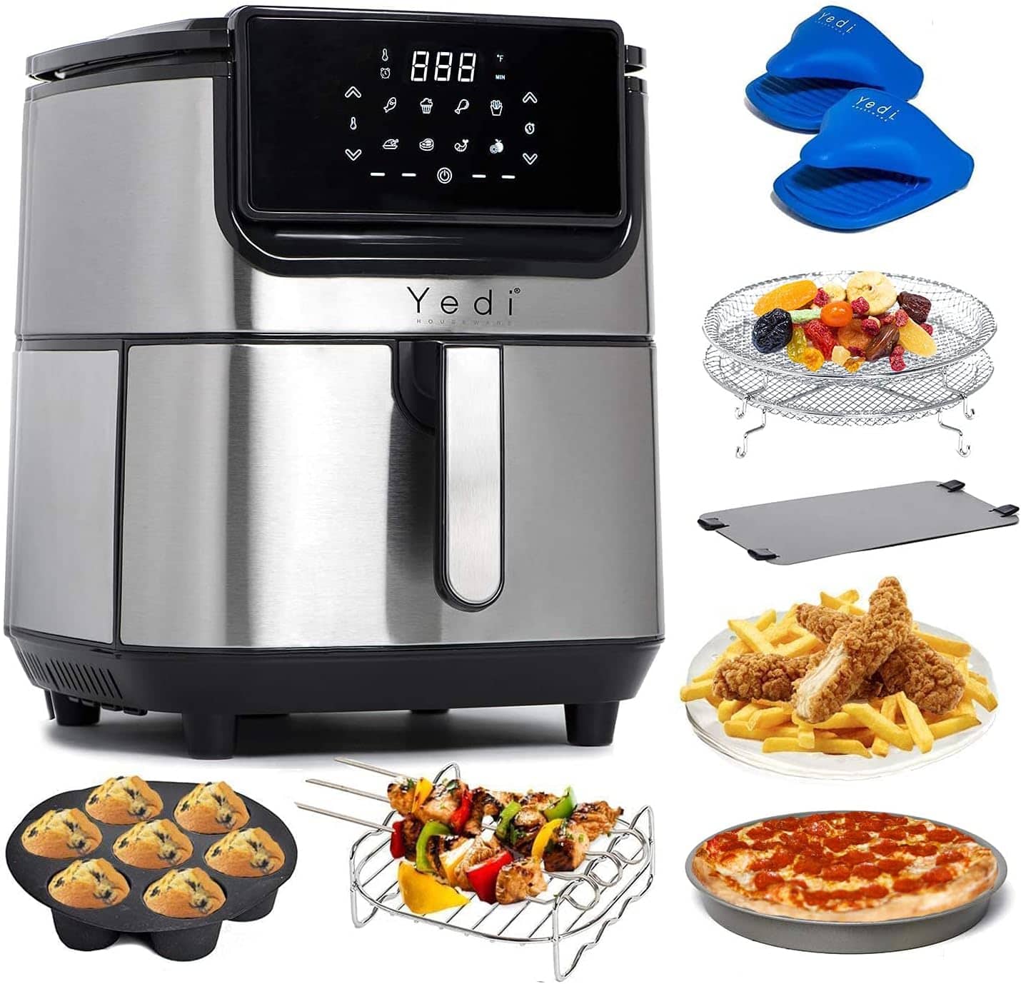 Yedi Houseware - Yedi Evolution Air Fryer, 6.8 Quart, Stainless Steel, Ceramic Cooking Basket, with Deluxe Accessory Kit and Recipe Book - Silver