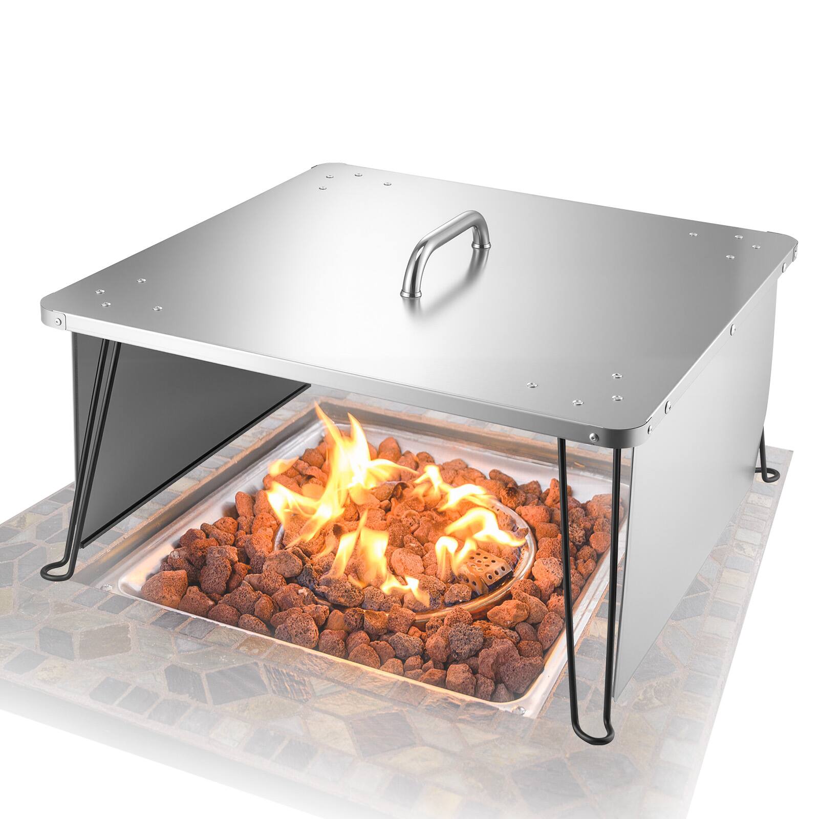 Front. VEVOR - Fire Pit Heat Deflector, 25.4x25.4x14.6 inch Square Outdoor Burner Cover, Stainless Steel Bonfire Camping Wood Burning - Silver.