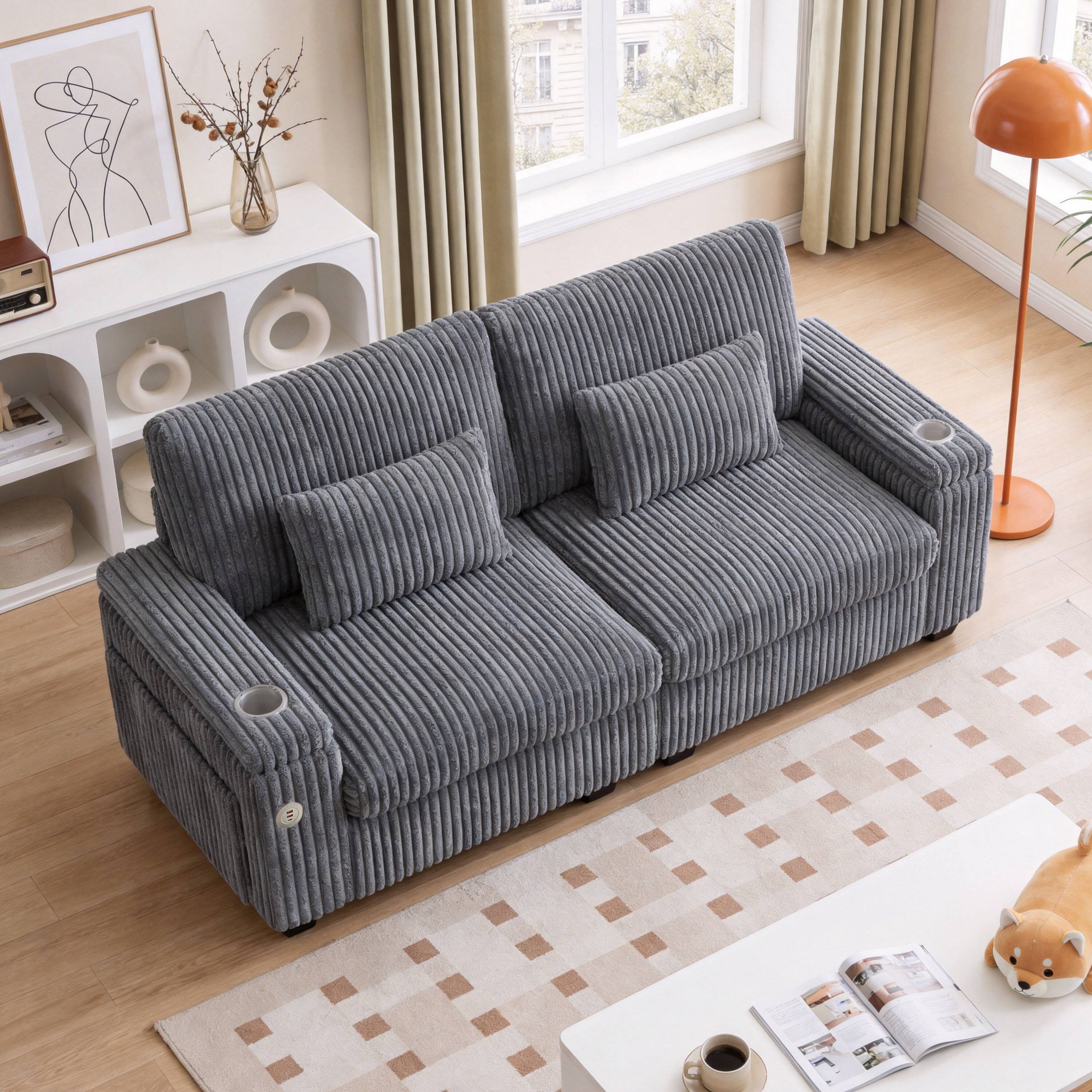 Angle. Dyonery - 91" Modern Loveseat Sofa for Living Room, Grey Corduroy 2 Seater Sofa with Storage Armrests,USB Charging & Cup Holders - Gray.