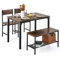 Costway 4pcs Dining Table Set Rustic Desk 2 Chairs & Bench with Storage Rack - Brown - Front_Zoom