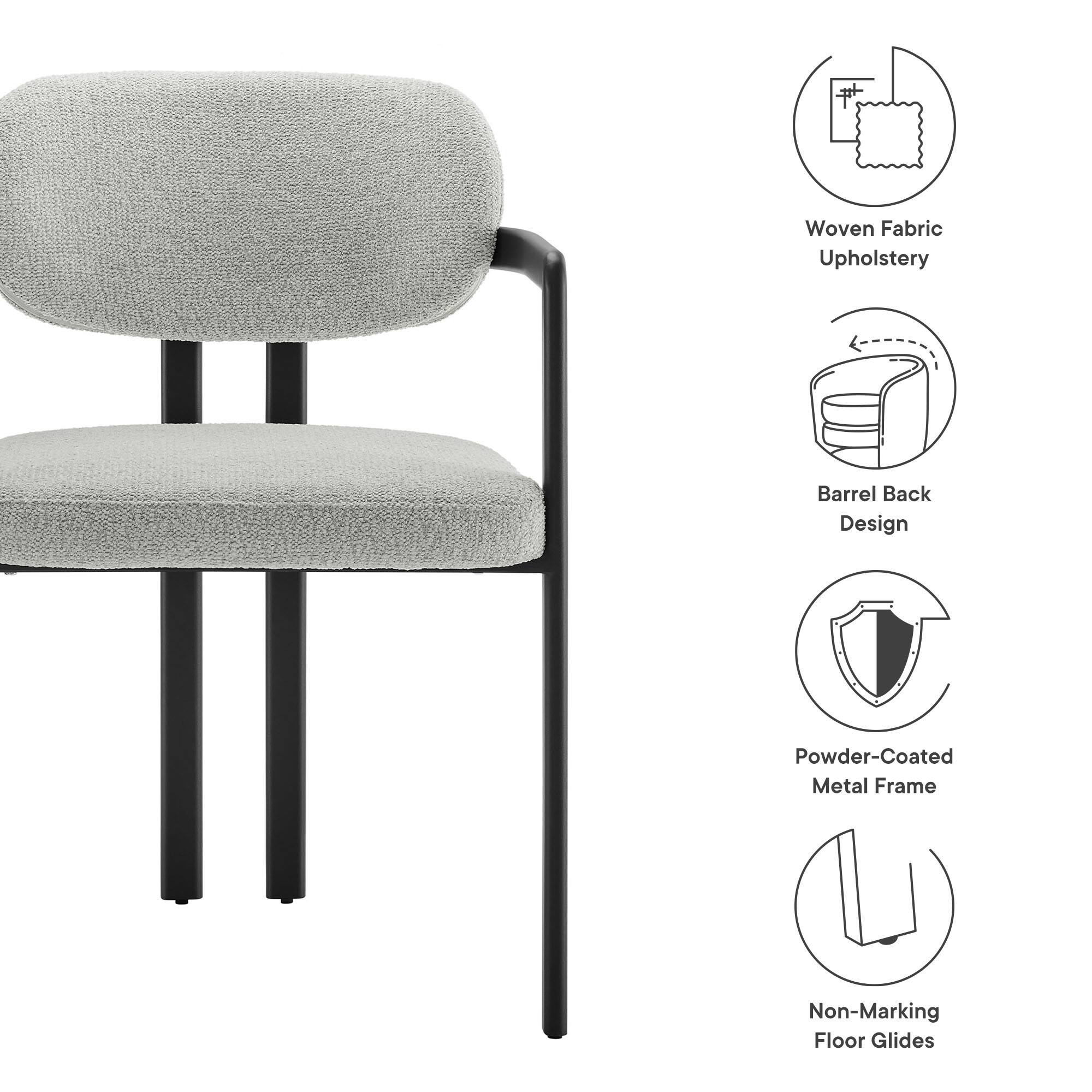 - Woven Fabric Upholstery
- Barrel Back Design
- Powder-Coated Metal Frame
- Non-Marking Floor Glides
