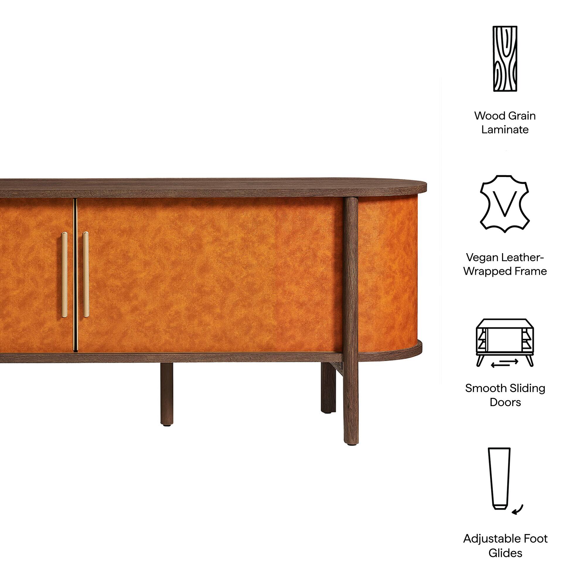 - Wood Grain Laminate
- Vegan Leather-Wrapped Frame
- Smooth Sliding Doors
- Adjustable Foot Glides