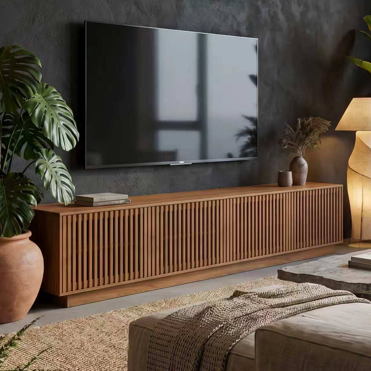 Alt View 3. luck idea - Slatted Wood TV Stand, 86.61 Inch Low‑Profile Media Console with Storage Cabinets for TVs Up to 85 Inch - brown.