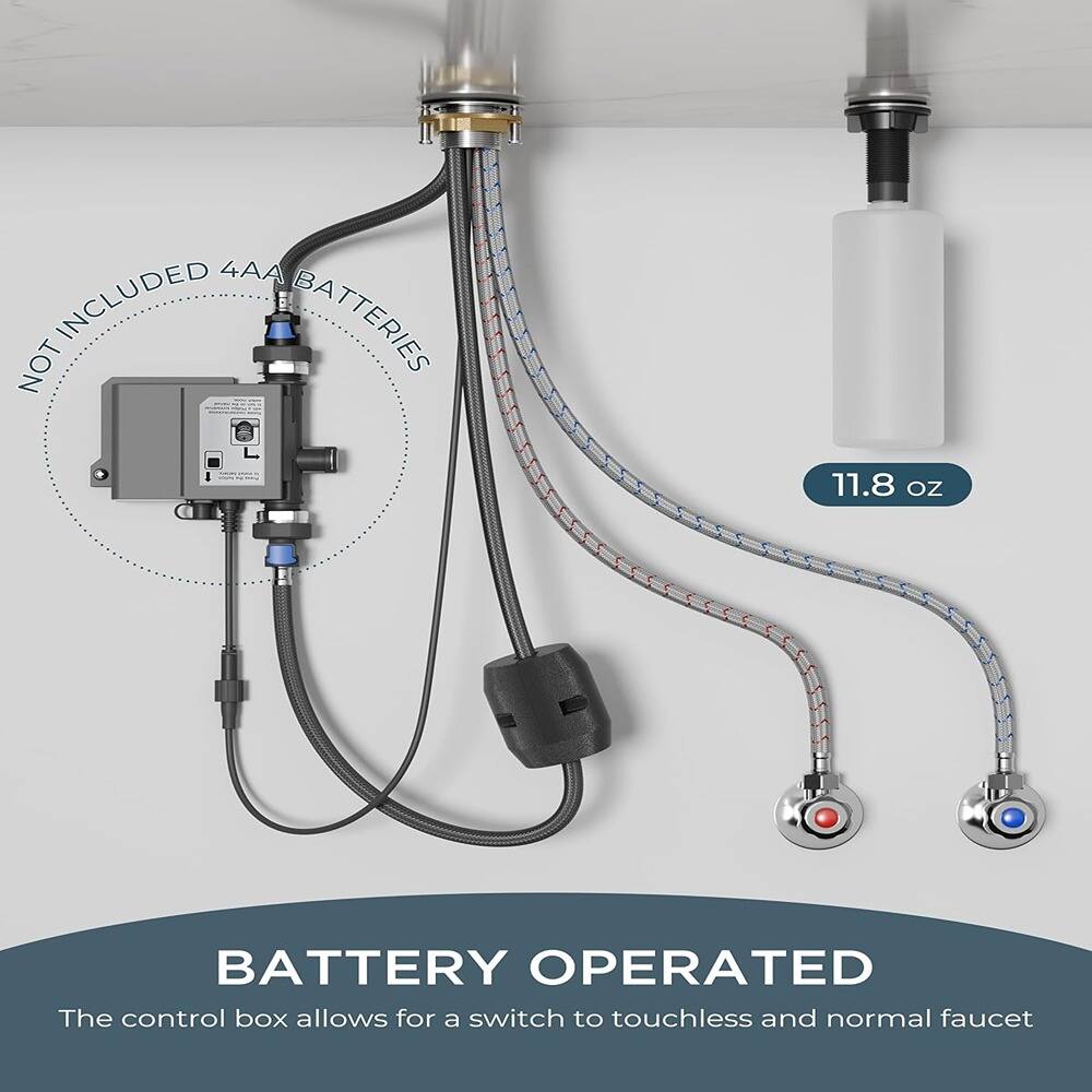 NOT INCLUDED 4 AAA BATTERIES

11.8 oz

BATTERY OPERATED

The control box allows for a switch to touchless and normal faucet