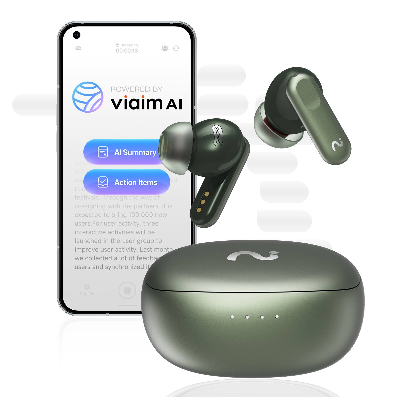 C Recording 00:00:13  
POWERED BY viaim AI  
AI Summary  
Action Items  

open out. do ed Action Items in festivals. Through the way of co-signing with the partners, it is expected to bring 100,000 new users. For user activity, three interactive activities will be launched in the user group to improve user activity. Last month we collected a lot of feedback from users and synchronized it.  

0 Ni English