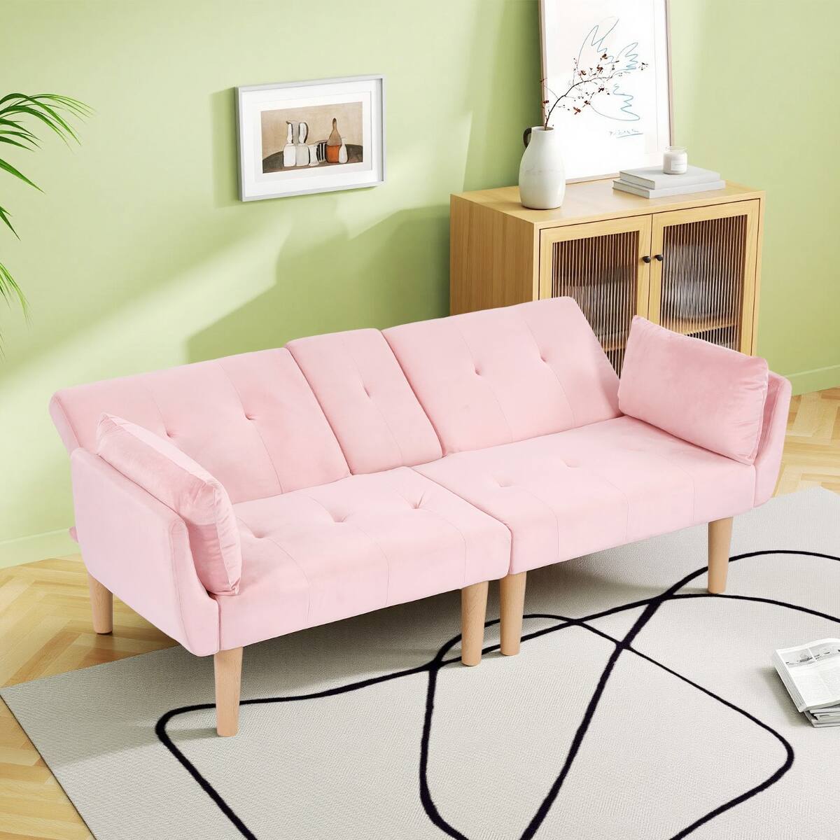 Alt View 1. Ropilly - Ropilly Pink Velvet Loveseat Foldable Sofa, 72 Inch Upholstered Couch for Small Living Room Apartment - Pink.