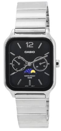 Casio - Analog Moon Phase Quartz MTP-M305D-1A Mens Watch Black Dial Stainless Steel Day/Date 50M - Silver