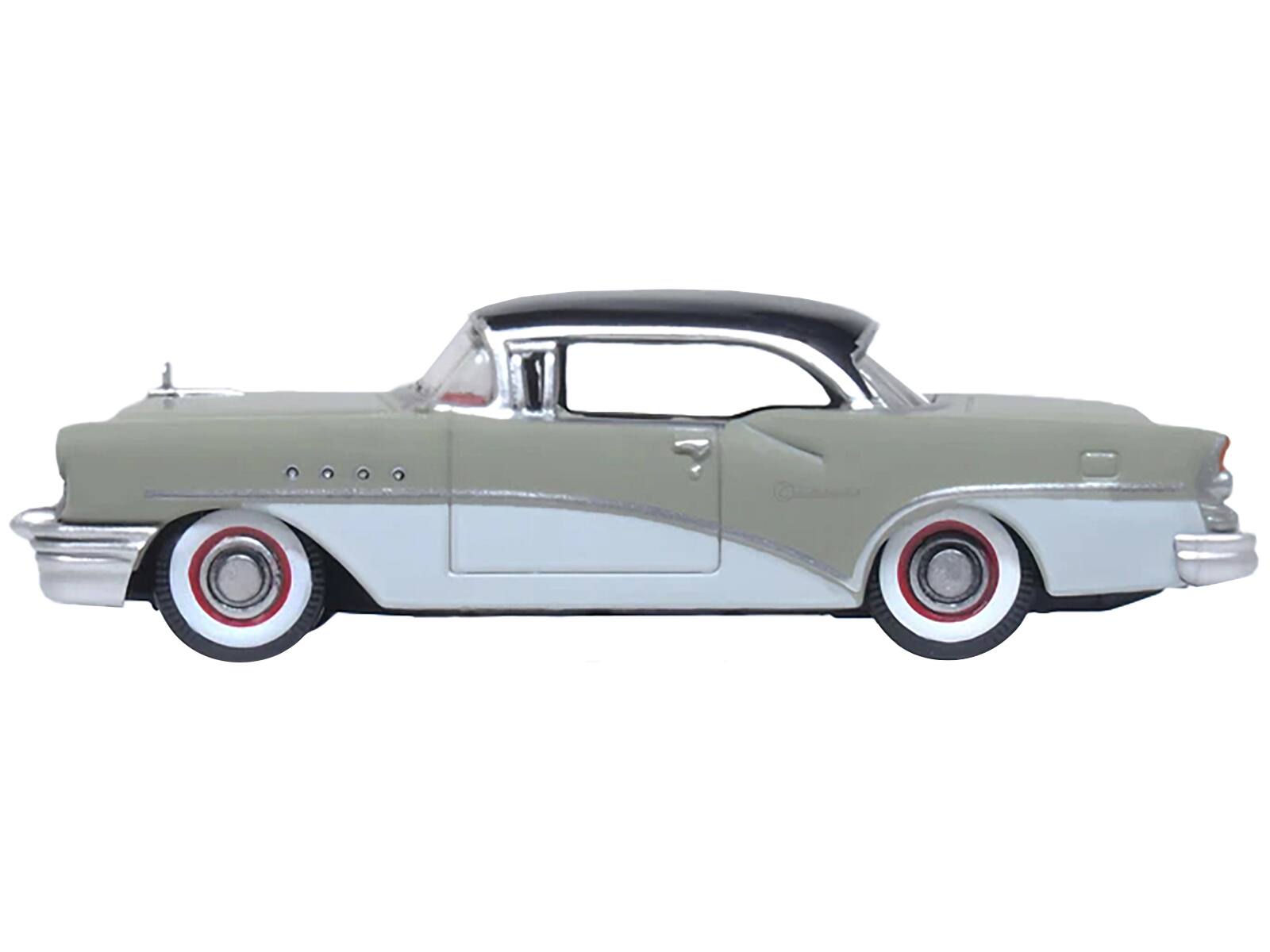 Angle. Oxford Diecast - 1955 Buick Century Windsor Gray and Dover White with Carlsbad Black Top 1/87 (HO) Scale - Gray, White, Black.