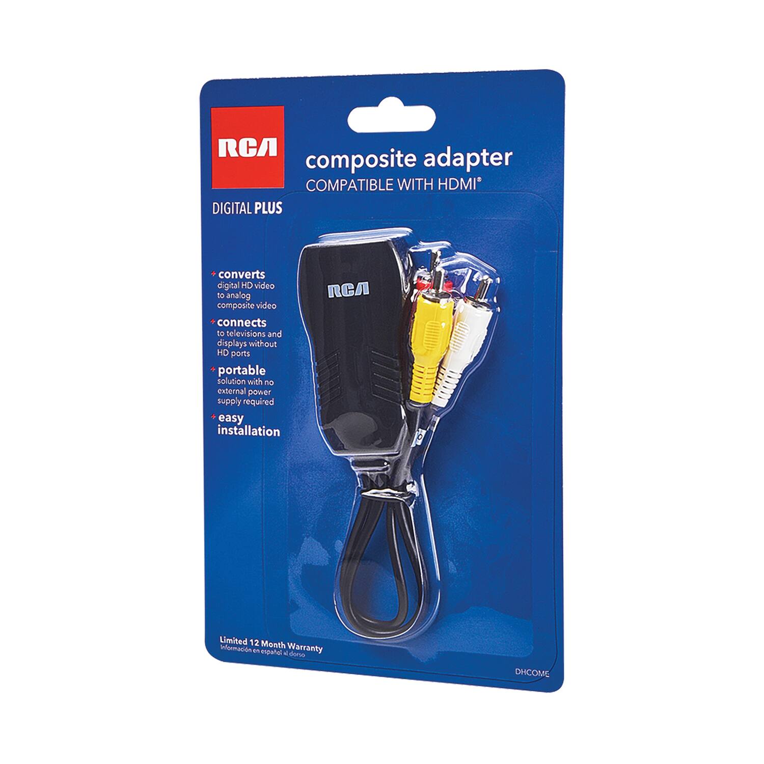 RCA Composite Adapter  
Compatible with HDMI* Digital Plus  

- Converts digital HD video to analog composite video  
- Connects to televisions and displays without HD ports  
- Portable  
- External power supply required  
- Easy installation  

Limited 12 Month Warranty  
Información en español  

DHCOME