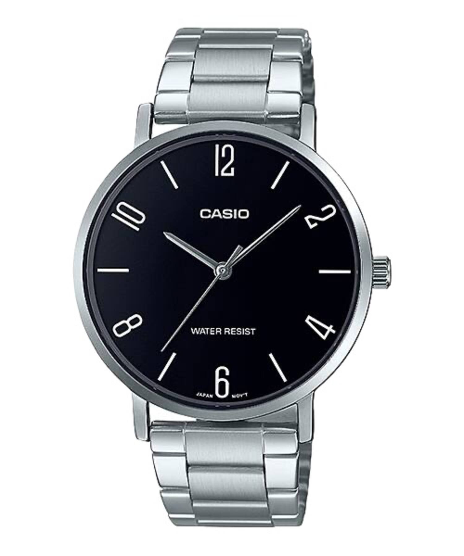 Casio - Men’s Black Dial Stainless Steel Bracelet Watch - MTP-VT01D-1B2UDF - Silver