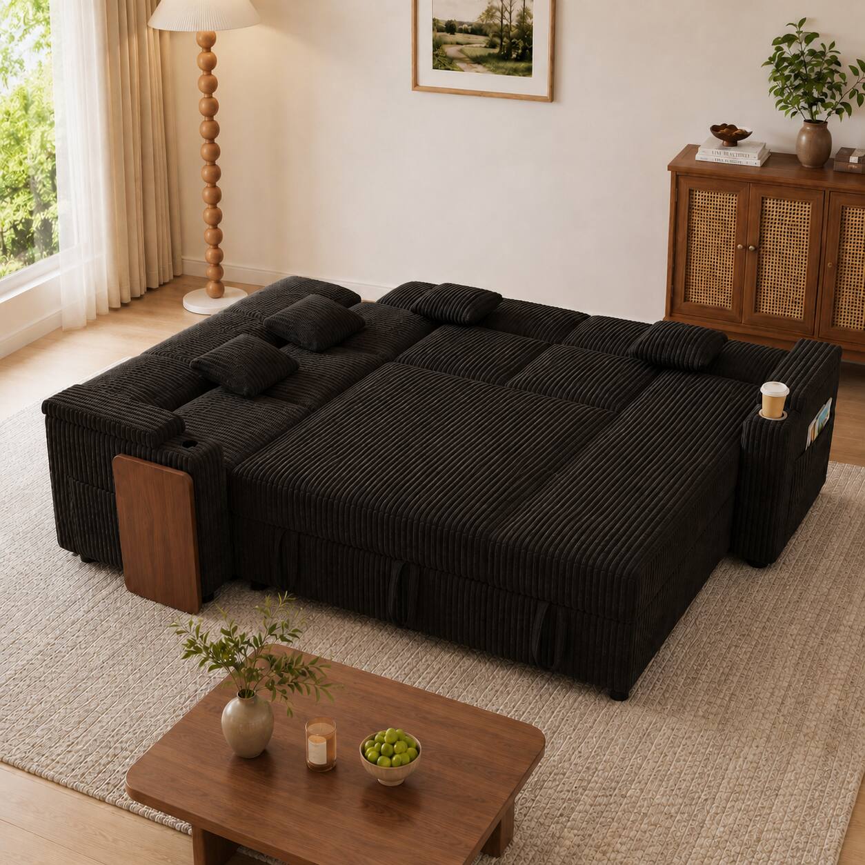 Angle. Anysun - 100" Pull-Out Sofa Bed with USB Ports, Storage Areas, Table Board & Cup Holder, Extra-Large U-Shaped Combination - Black.