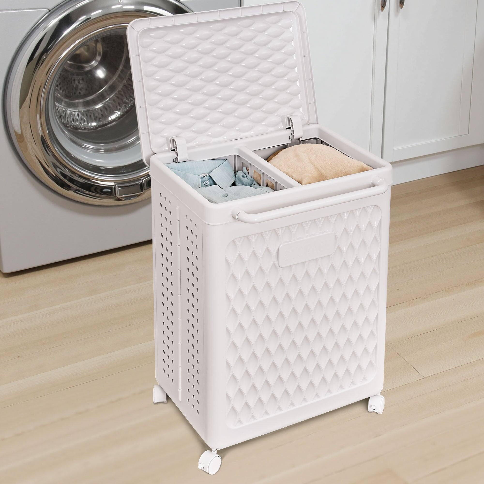 Front. Vecelo - 29Gal Laundry Hamper with Lid, Plastic Laundry Basket with Wheels and Dual Compartments - 29 Gal.
