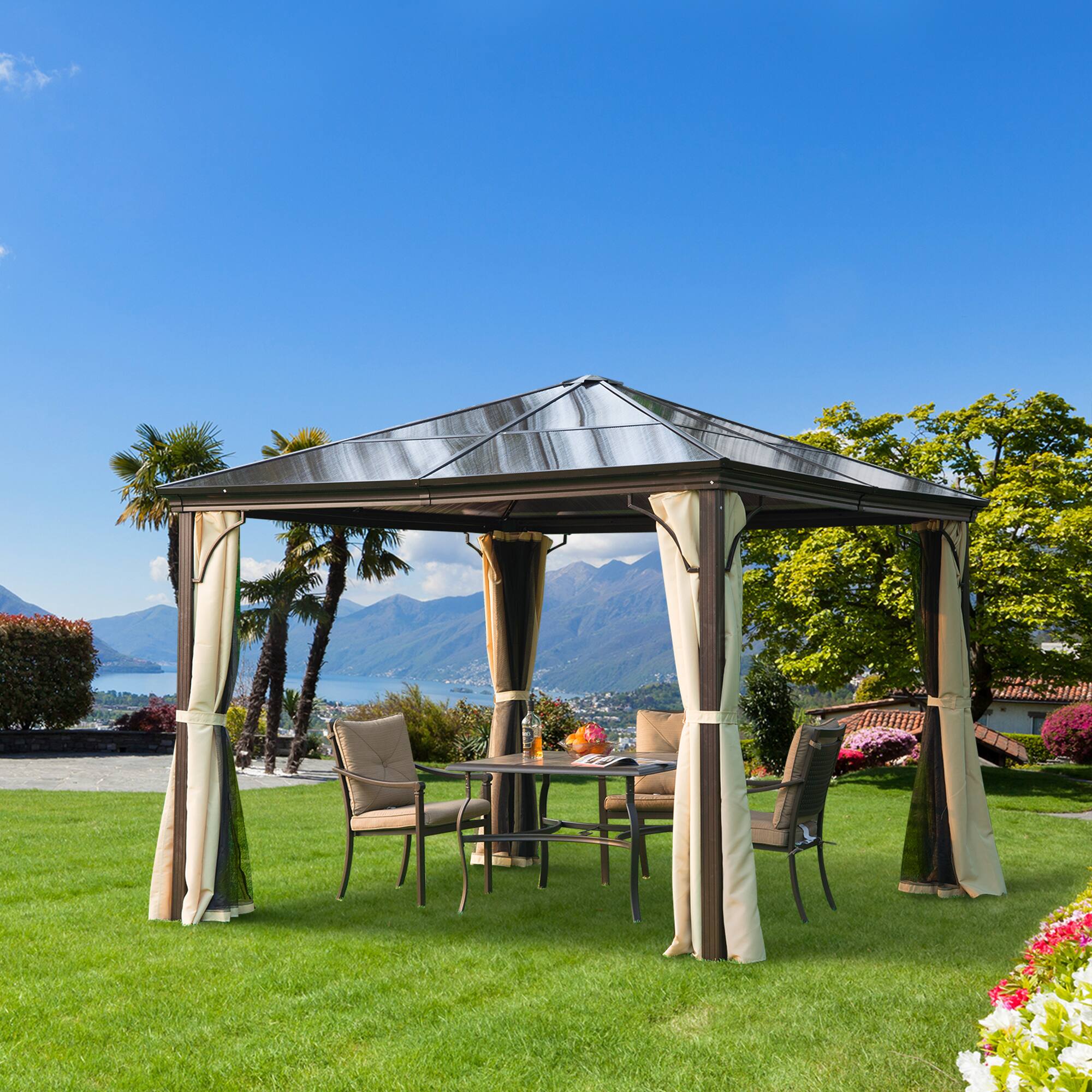 Alt View 1. Outsunny - 10' x 10' Hardtop Gazebo Canopy with Polycarbonate Roof, Aluminum Frame, Permanent Pavilion Outdoor Gazebo - Beige.