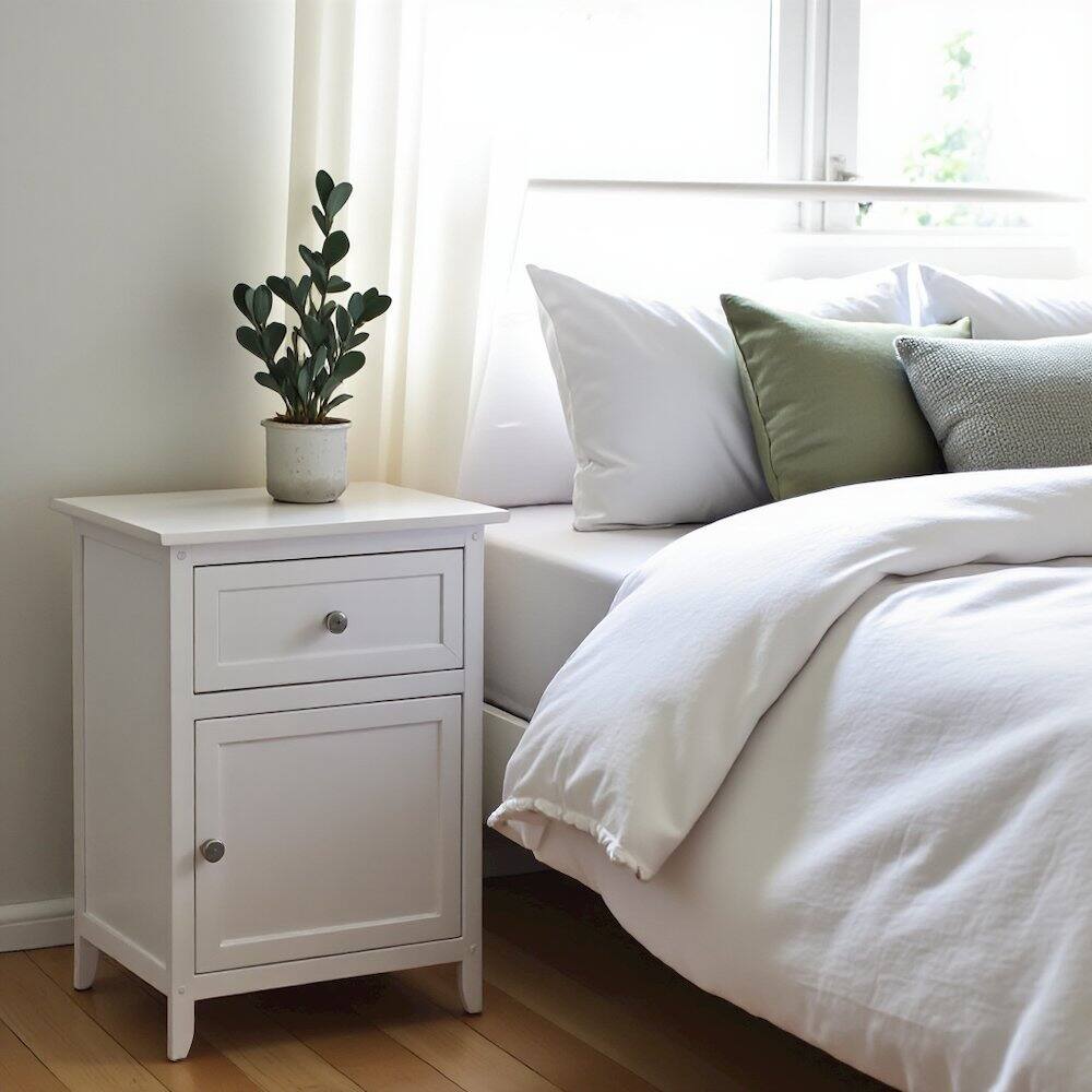 Alt View 3. FurniFact - Farmhouse End Table With Storage in White Finish, Wooden Side Table And Drawer - White.