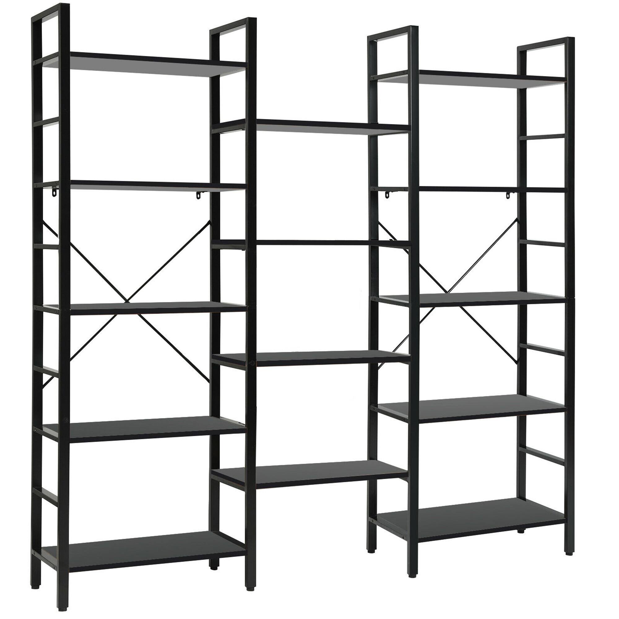 Alt View 4. Gymax - Gymax Triple Wide 5-tier Bookcase Large Bookshelf Display Storage Shelf Vintage Black - Black.