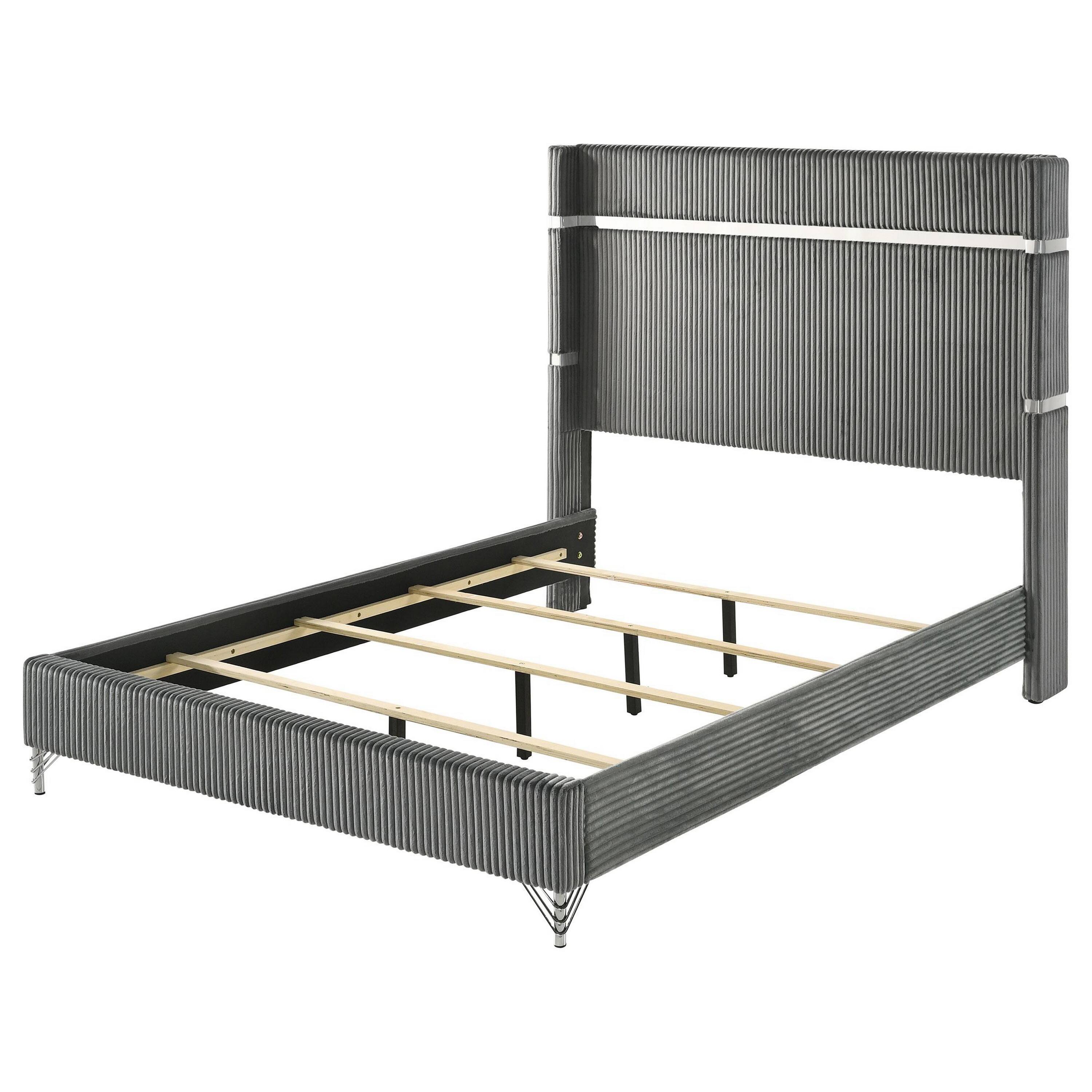 Alt View 3. Manhattan Lane - Jenny Queen Size Bed, Wingback Fluted Upholstered Headboard - Gray, Chrome.