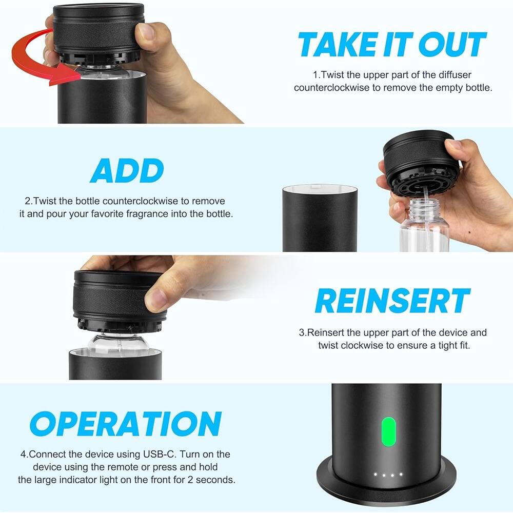 1. Twist the upper part of the diffuser counterclockwise to remove the empty bottle.

2. Twist the bottle counterclockwise to remove it and pour your favorite fragrance into the bottle.

3. Reinsert the upper part of the device and twist clockwise to ensure a tight fit.

4. Connect the device using USB-C. Turn on the device using the remote or press and hold the large indicator light on the front for 2 seconds.
